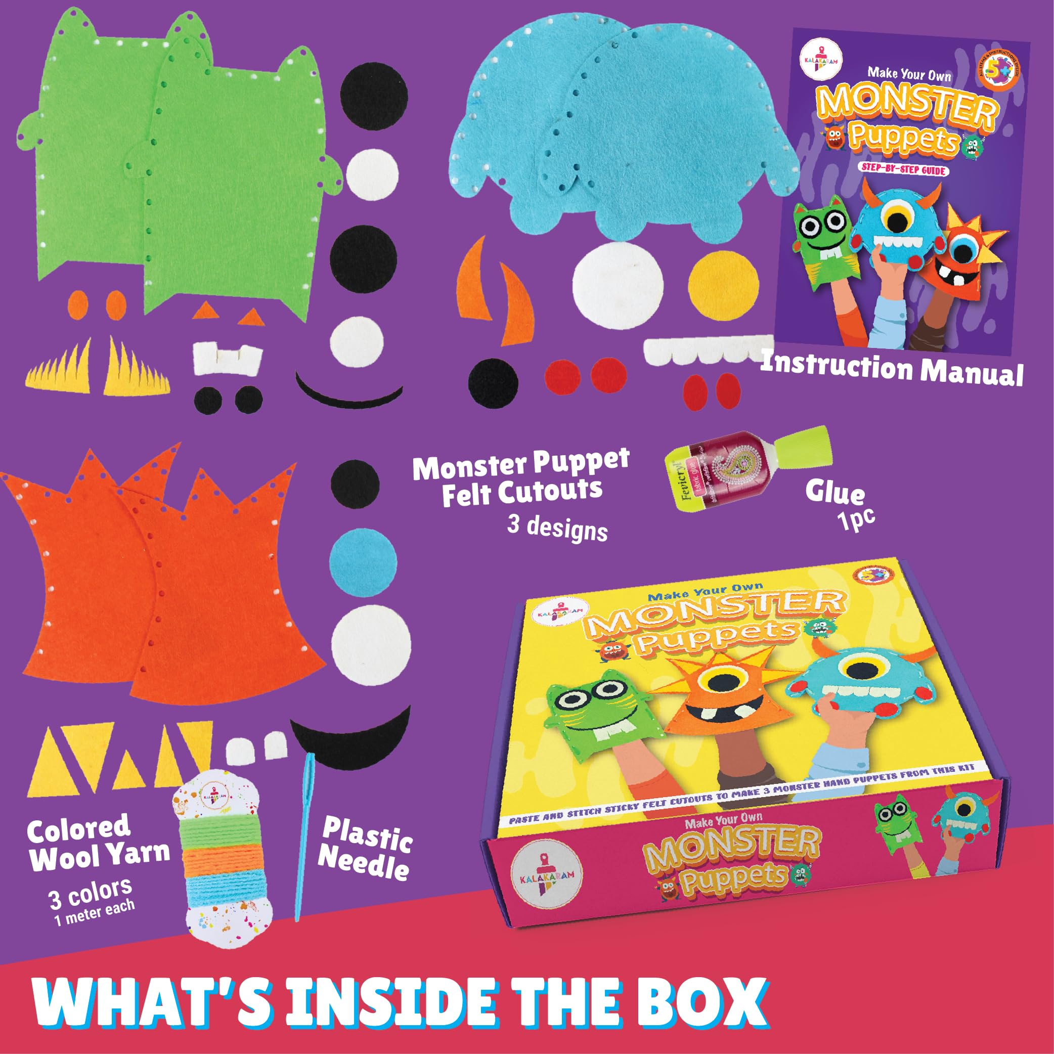 Kalakaram Monster Puppets Making Art and Craft Kit, Make 3 Cut and Paste Jumbo Puppets, Fun and Learning Return Gift for Kids Ages 5 and More - Image 3 thumbnail