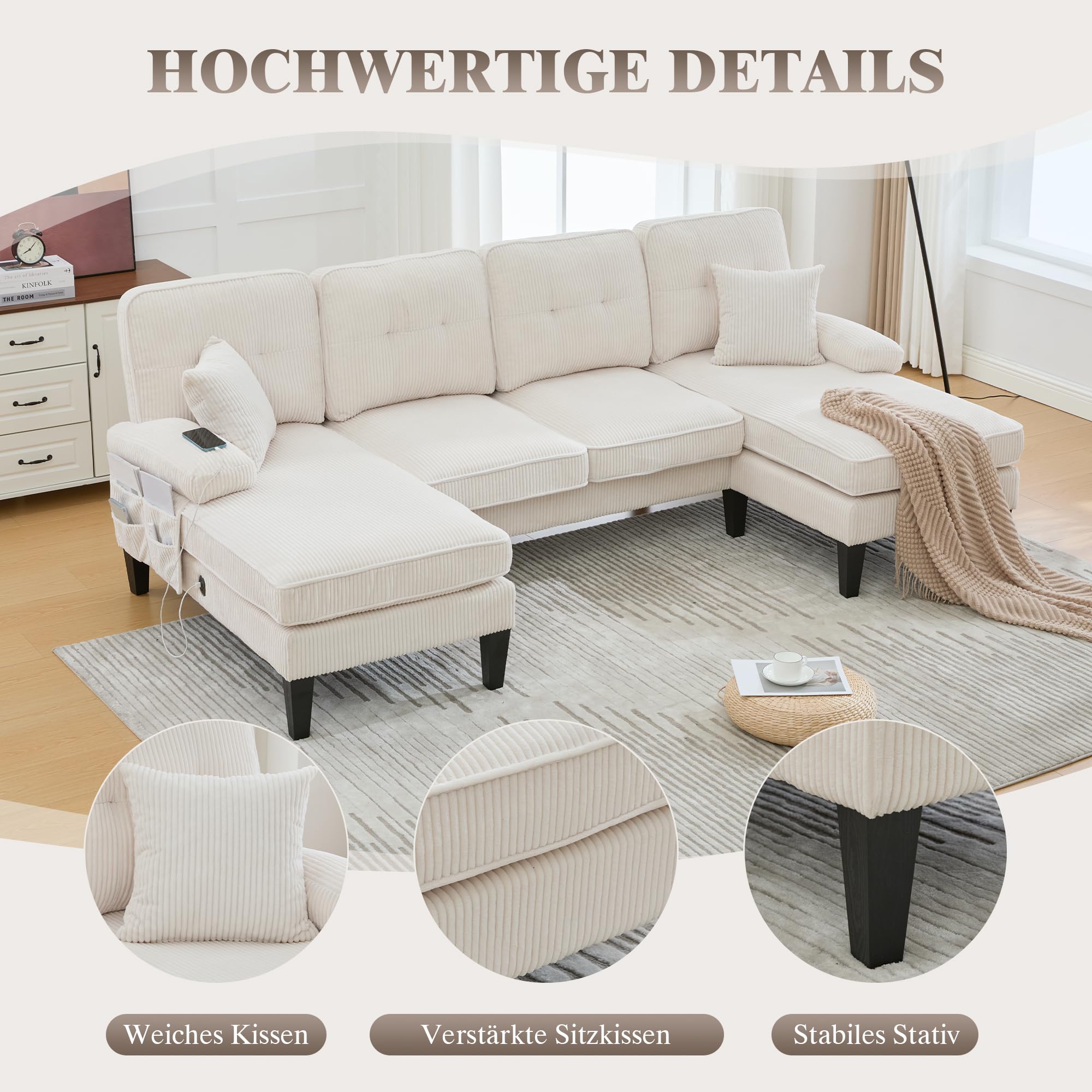 Canapé d'angle Convertible, Canapé 4 Places avec Méridiennes, Porte-Gobelets, Poches Latérales, Ports USB et Type-C, Tissu en Coton Lin, Canape en U pour Salon, Appartement