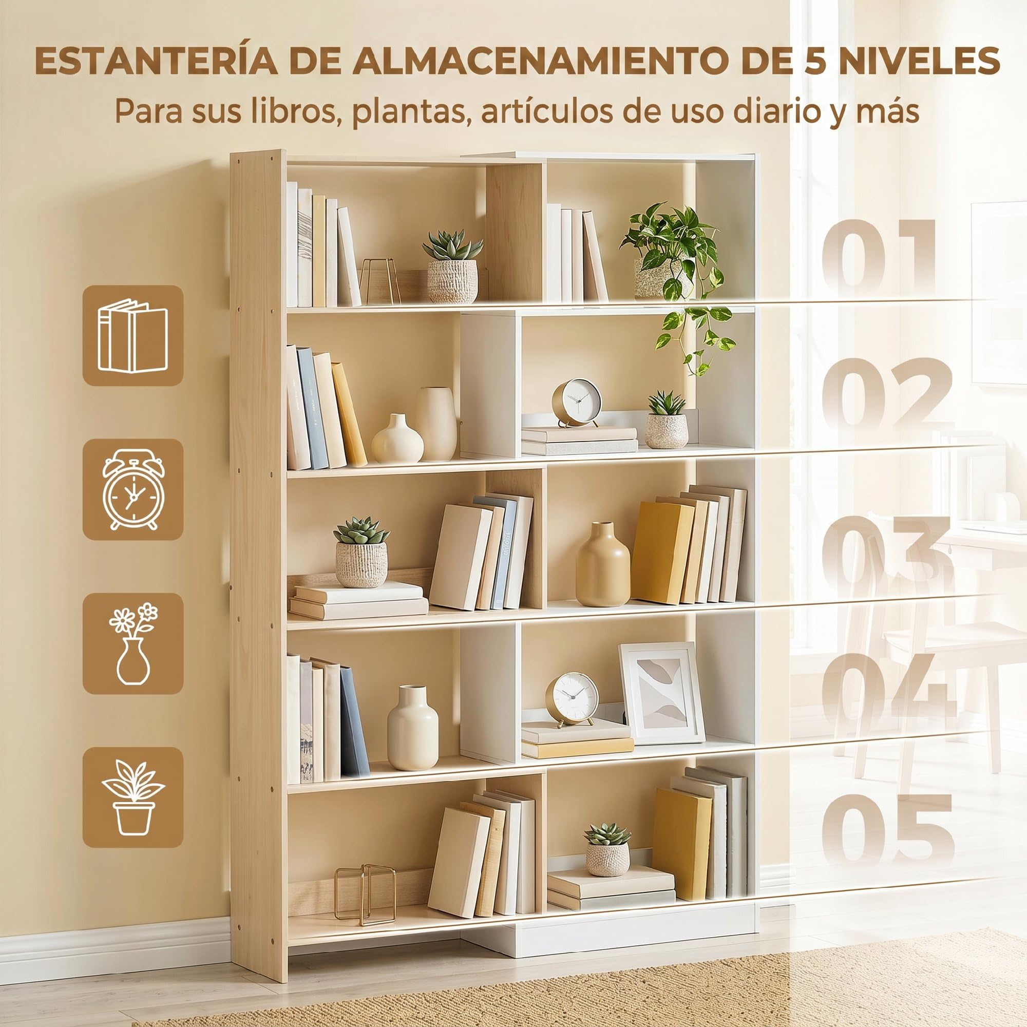 HOMCOM Estantería Expandible 5 Niveles 111,5x23,8x163,7cm Natural Blanco | Librería para Libros Giratoria 350°, Ancho Ajustable, Convertible en L Recta o Compacta, para Salón Dormitorio Estudio