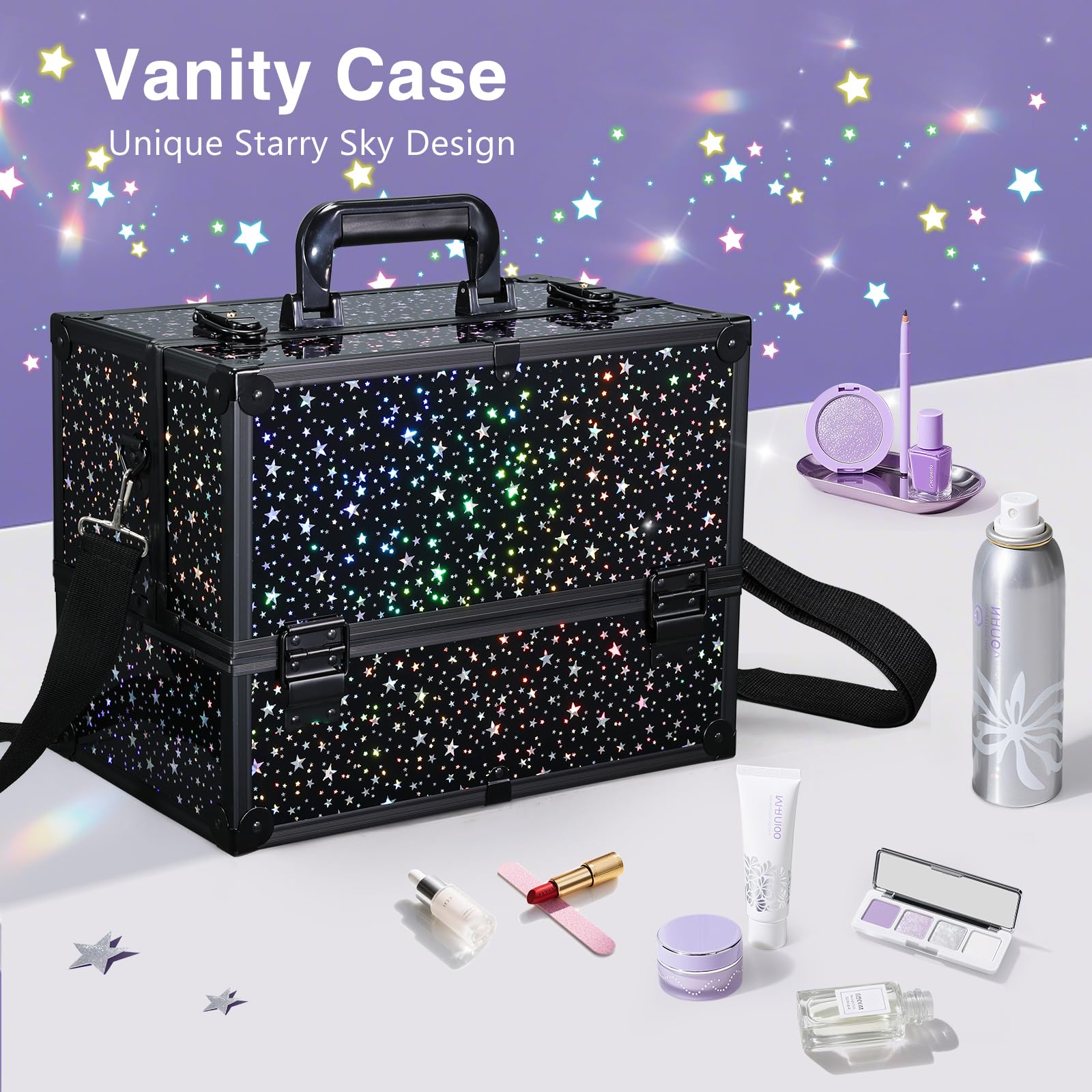 Joligrace Organizer per trucco per unghie, per gioielli, cosmetici, beauty vanity case extra large space, Stella nera, L