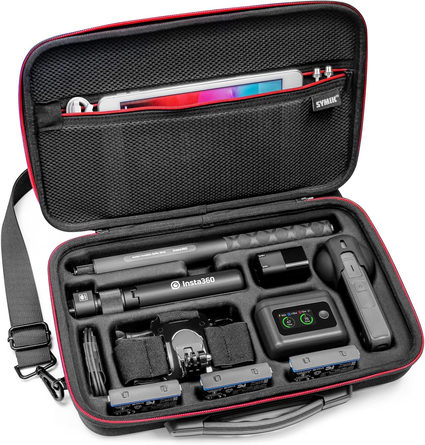 SYMIK S320-X Carrying Case open, showing organized compartments for an Insta360 camera, selfie stick, batteries, and other accessories.