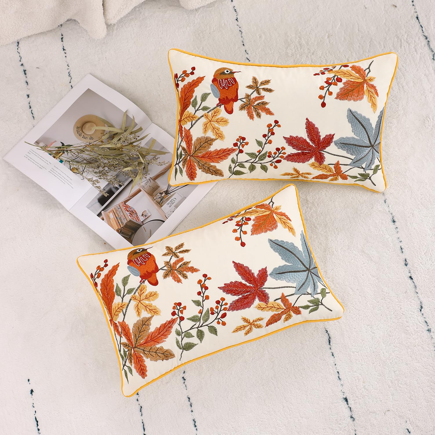 Tosleo Throw Pillow Covers Flower Embroidery 12 x 20 inch Spring Summer Cushion Cover Pillowcase Floral Set of 2 Maple Leaves Bird Decorative for Garden Sofa Living Room Bed Couch Car Gift Home Deco - Image 3