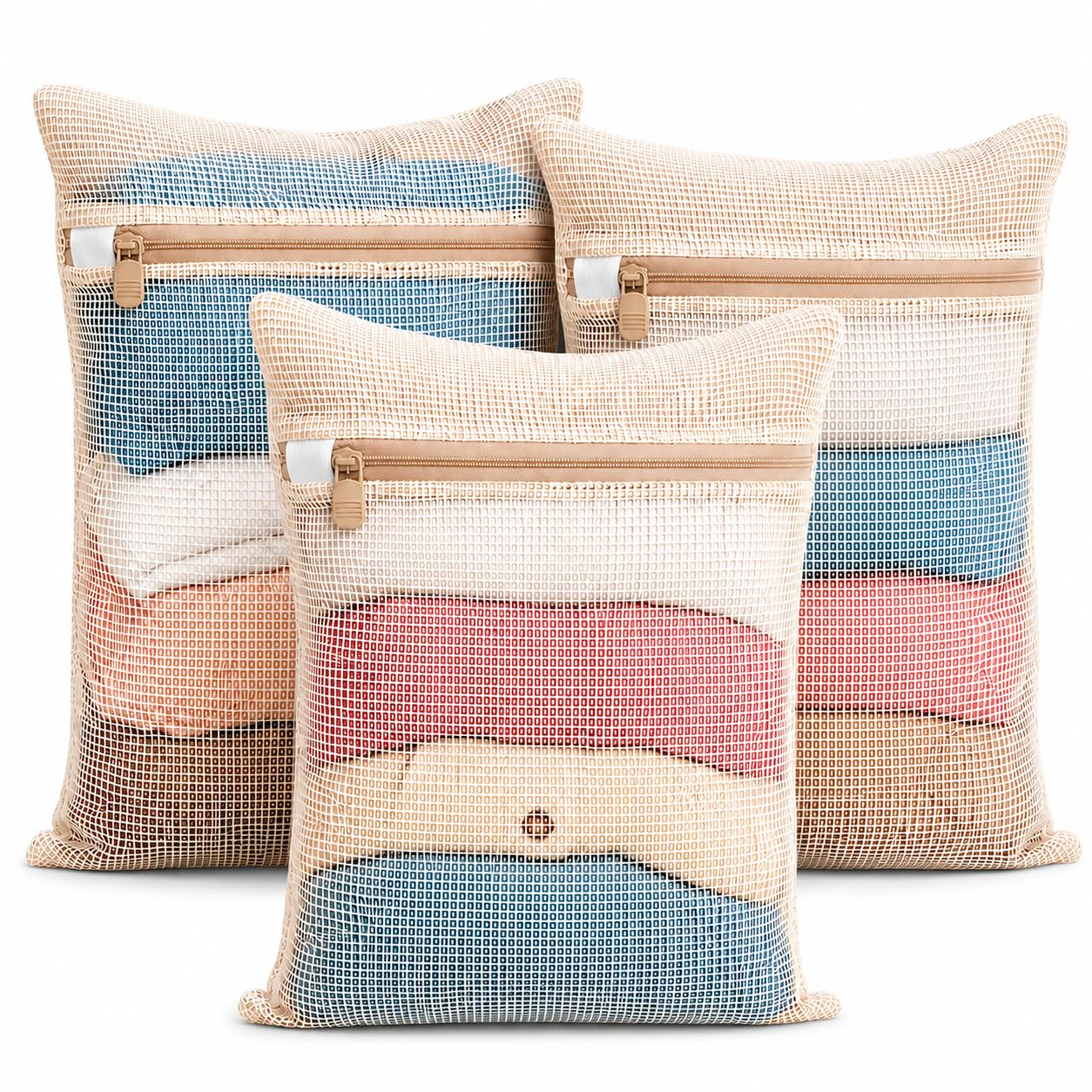 3-piece set extra-large 20×23.6 inch durable organic cotton mesh laundry bags, with sturdy zippers and breathable mesh, perfect for delicate items like underwear, clothes, pants, and socks.