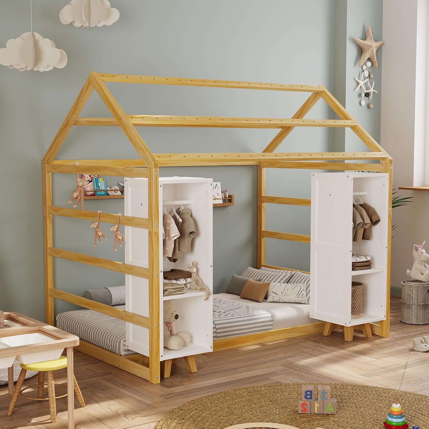 Bellemave Twin Size House Bed with Fence and Roof, Wooden Kids Floor Bed with 2 Movable Wardrobes for Boys Girls Teens, Natural