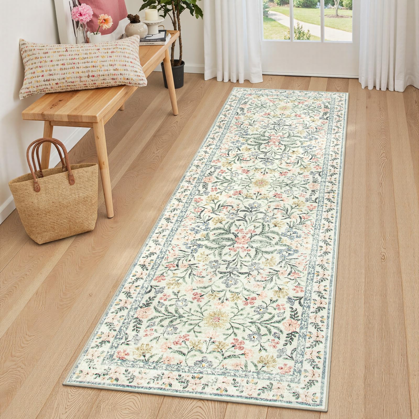 Lahome Washable Runner Rug 2x6, Boho Kitchen Runner Rugs 24 x 72 Non Slip,Vintage Indoor Throw Carpet for Hallway Entry Bedroom Laundry Bedside, Beige/Multi 2' x 6' Beige