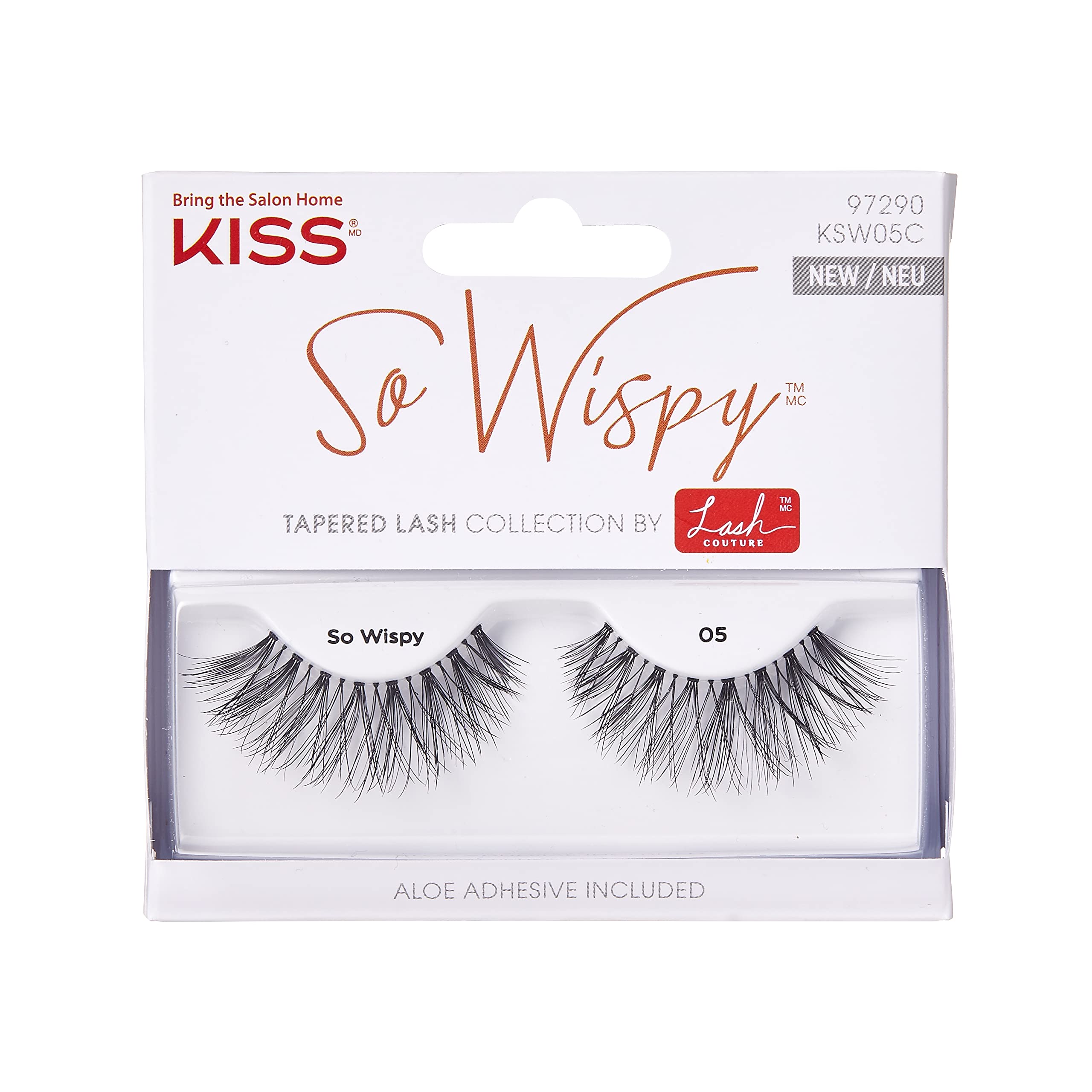 Kiss Lash Couture So Wispy Collection 1 Pair of Volumizing Fake Lashes, Style 05, with Tapered Ends and Aloe Infused Lash Glue