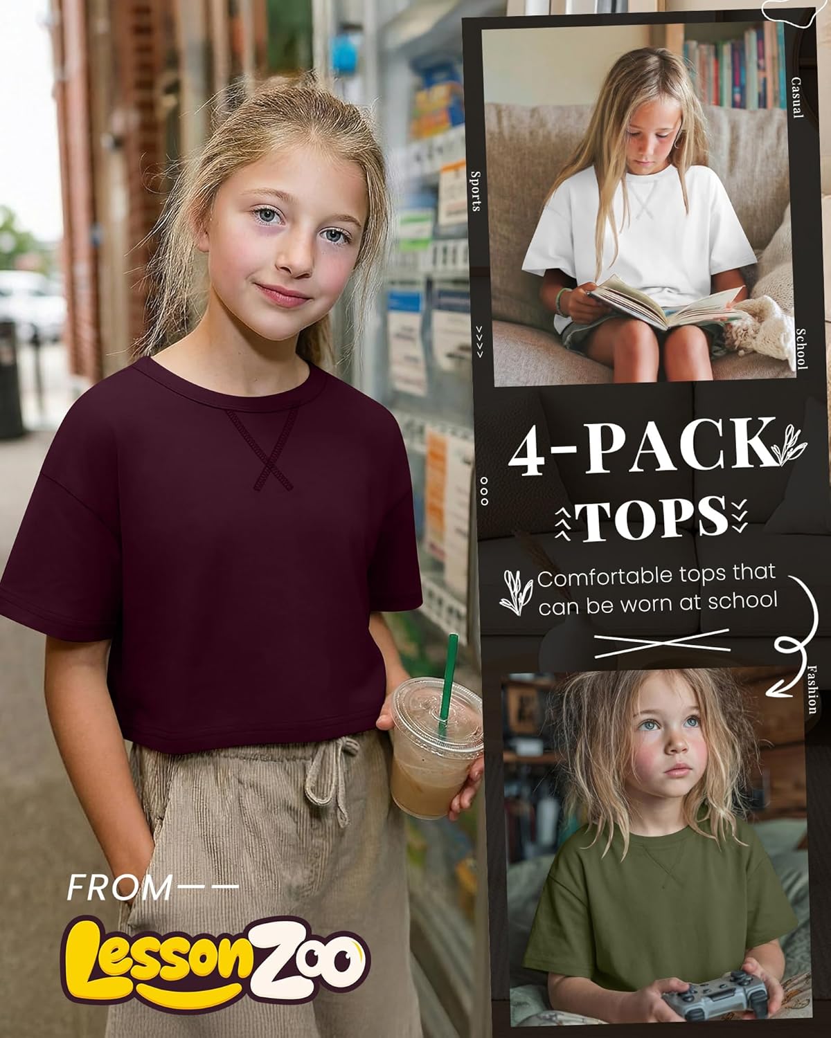 4 Pack Girls Crop Tops 5-14 Years Short Sleeve T-Shirts Crew Neck Kids Oversized Drop Shoulder Casual Athletic Tee