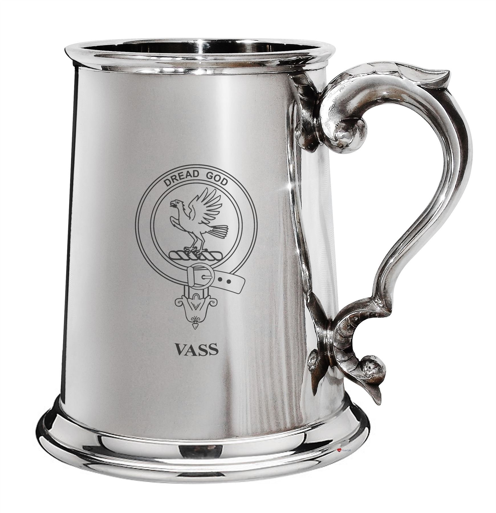 Jarra de cerveza de 1 pinta con escudo de familia Vass y mango de desfile