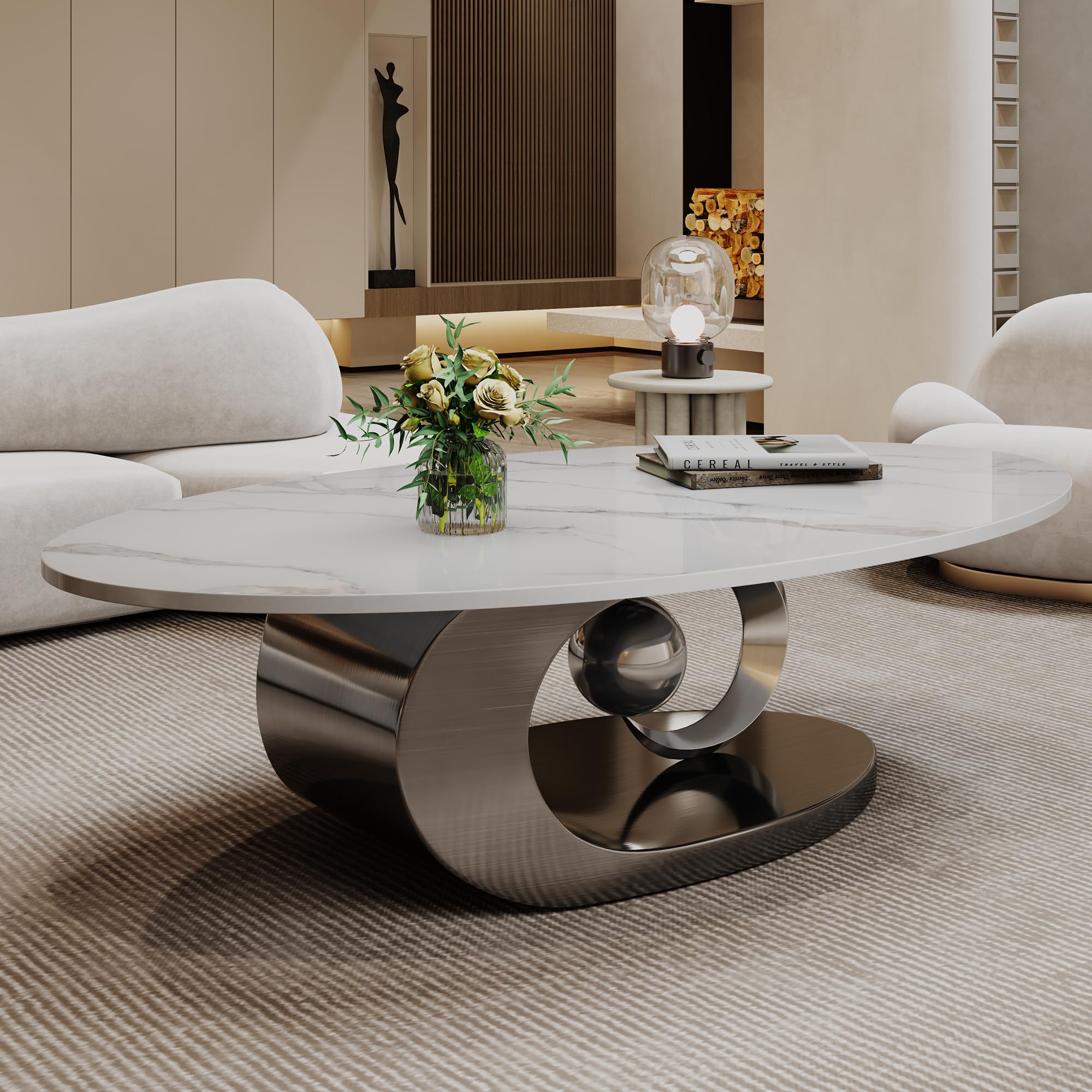 Modern Coffee Table with Gold Stainless Steel Pedestal,Oval