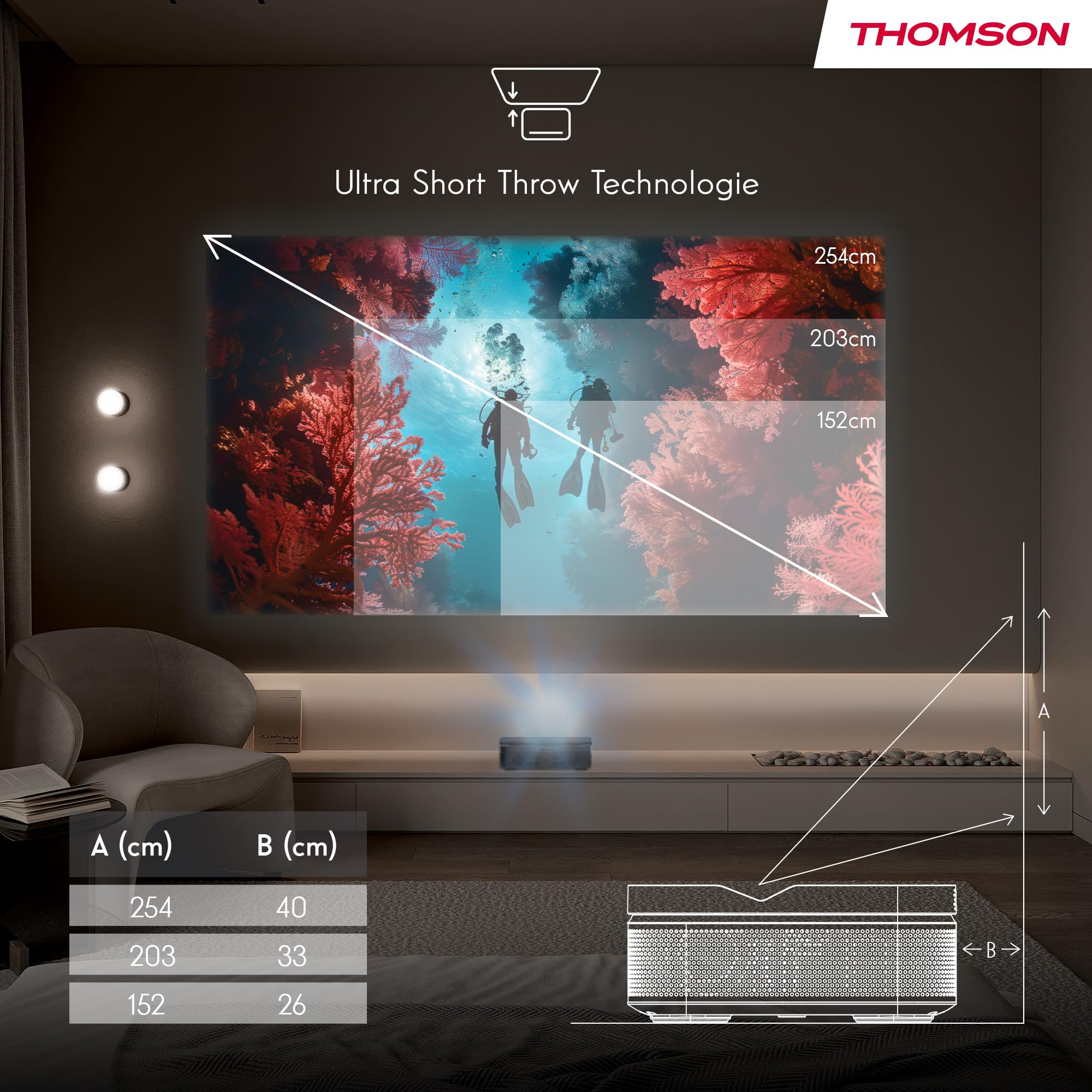 Thomson Sirius PG55B Proiettore Laser RGB Smart, Ottica Ultra-Corta, Full HD 1080p, Google TV, 600 ANSI, Auto Focus, HDR10+, Dolby Digital+, Batteria, WiFi, Bluetooth