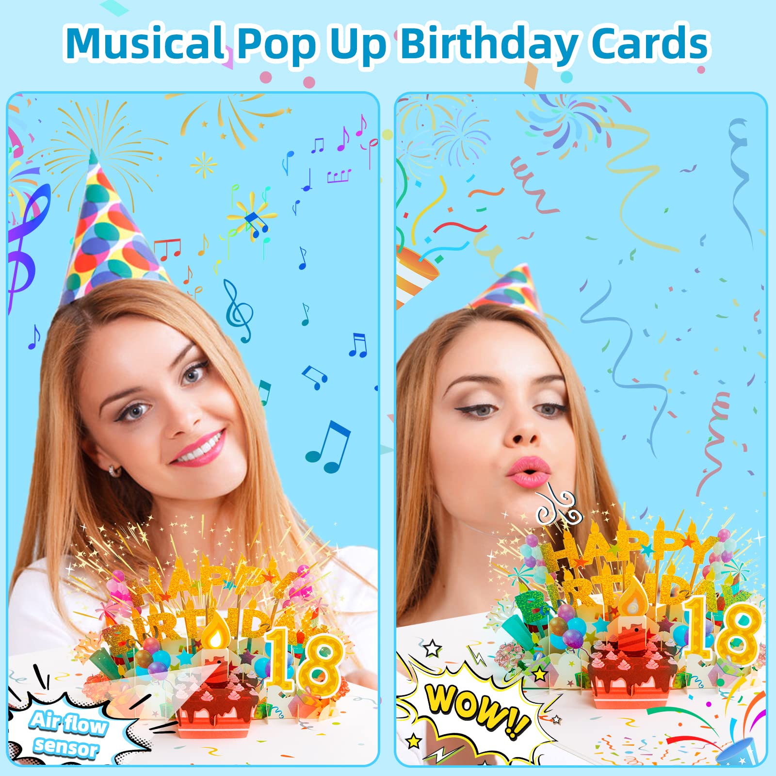 Gumry 18TH Musical Birthday PopUp Card, Blowable Colorful Large