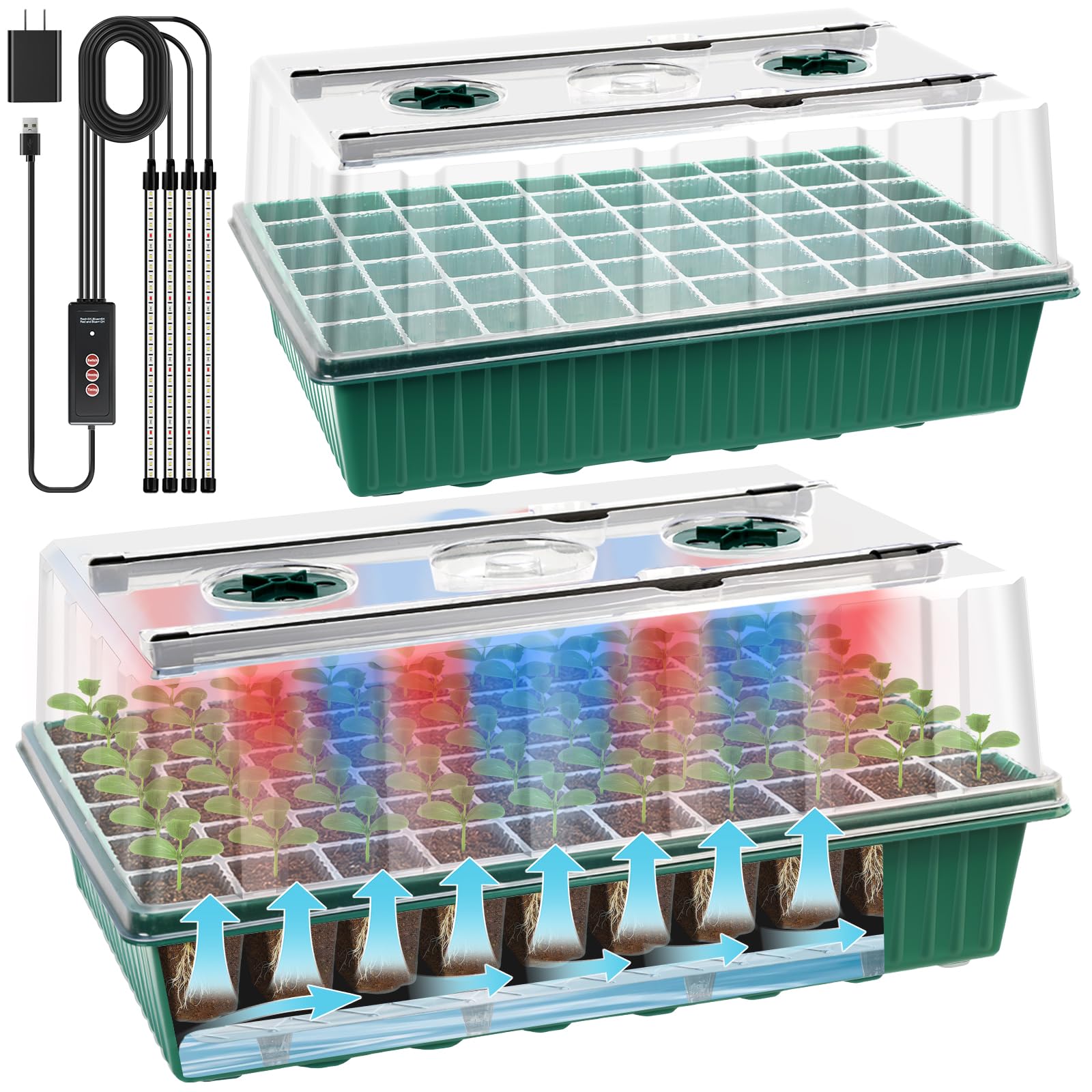 Bandeja de inicio de semillas con luz de crecimiento, paquete de 2 bandejas de 120 celdas para plántulas con humedad Dom