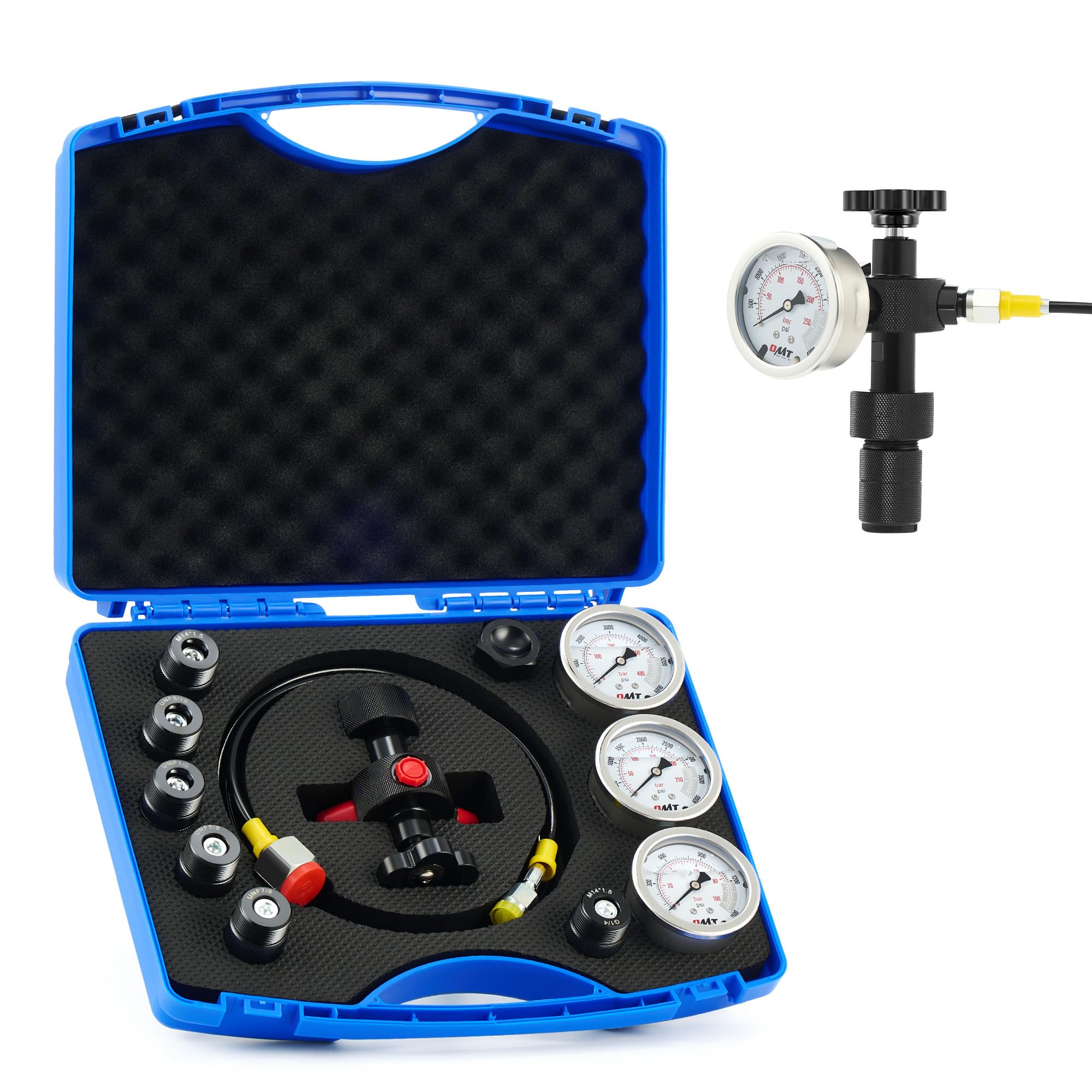 Orion Motor Tech Hydraulic Nitrogen Accumulator Charging Kit, Nitrogen Fill Kit with 3 Gauges 1300 3500 5500 psi, 6 Adapters, Gas Hose & Main Valve Body, hydraulic pressure test kit, Gas Charging Tool