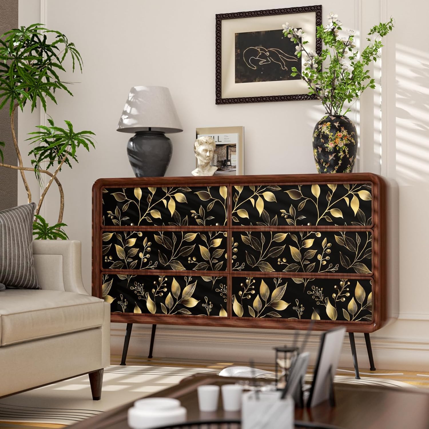 Black Gold Wallpaper Peel and Stick Dark Golden Leaf Floral Contact Paper 17.4" x 393" Vintage Retro Leaves Wall Paper Waterproof Self-Adhesive for Bedroom Living Room Countertop Desk Cabinets Decor