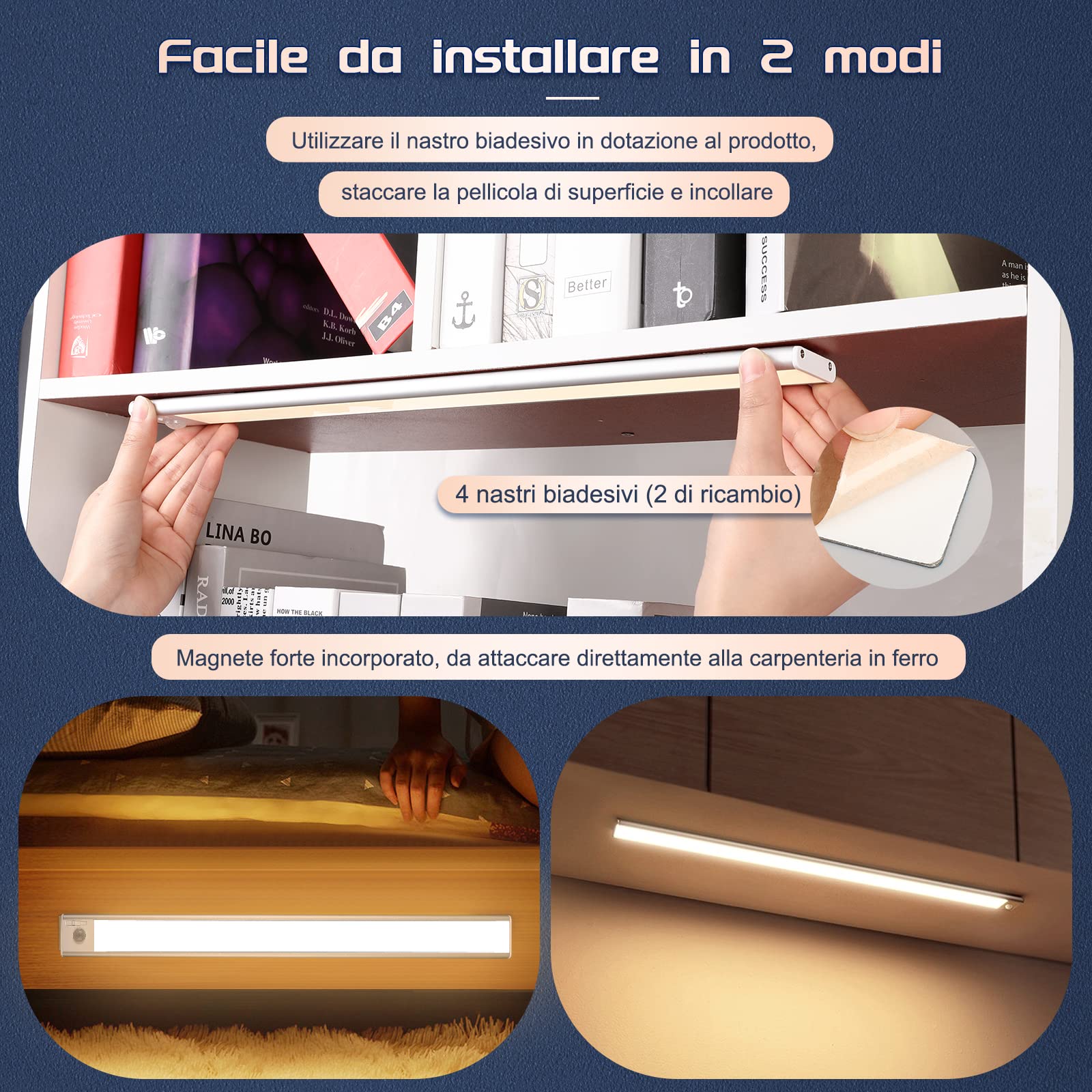 AiQInu Luce Armadio 146 LED con Sensore Movimento, USB Ricaricabile Led Sottopensile,40cm Dimmerabile Lampada Armadio con Striscia Magnetica Adesiva per Cucina, Scale, Corridoi