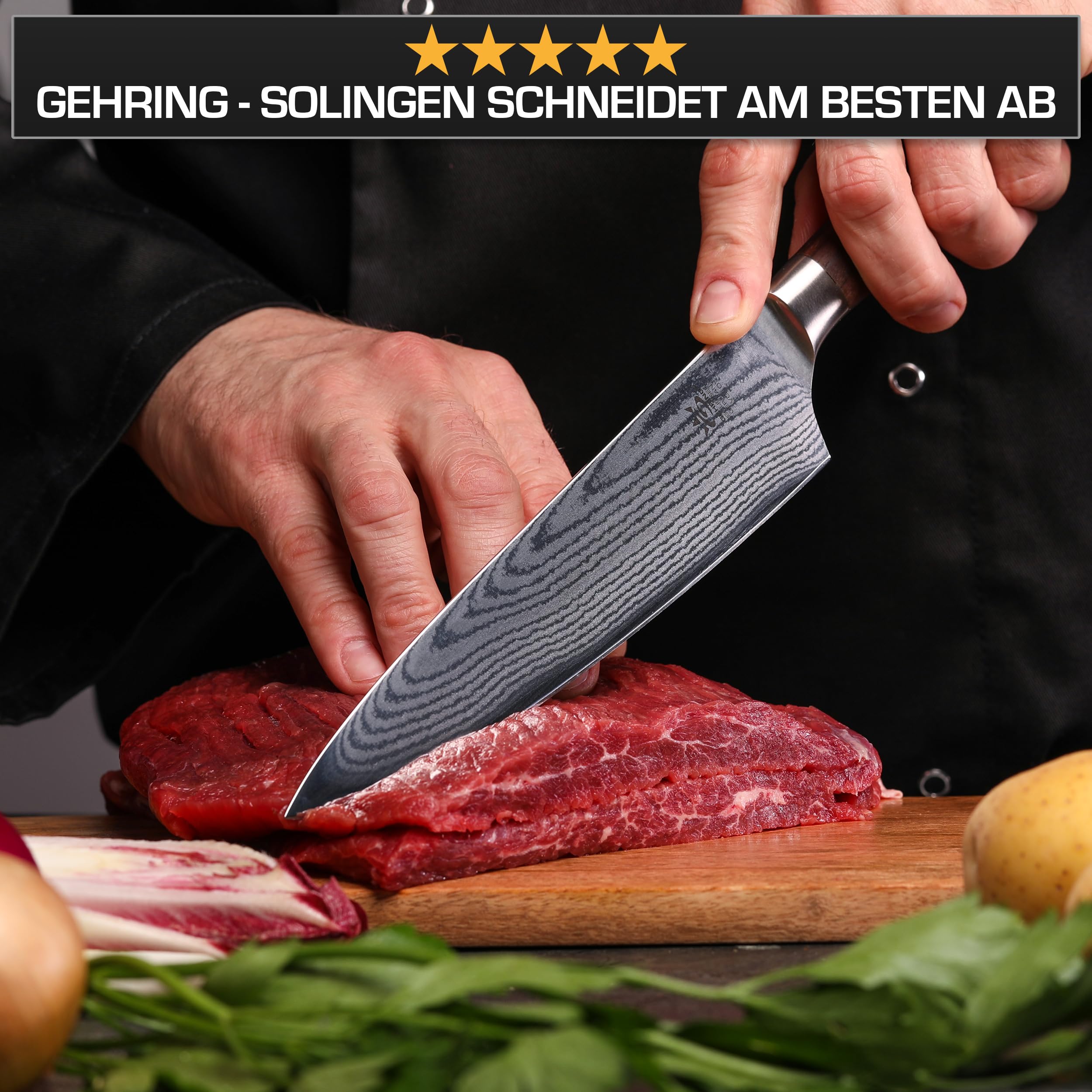 GEHRING SOLINGEN Damast Kochmesser, Scharfes Profi Küchenmesser, Made in Germany, eisgehärteter Damaststahl VG10 + ergonomischer Nussbaum - Holzgriff