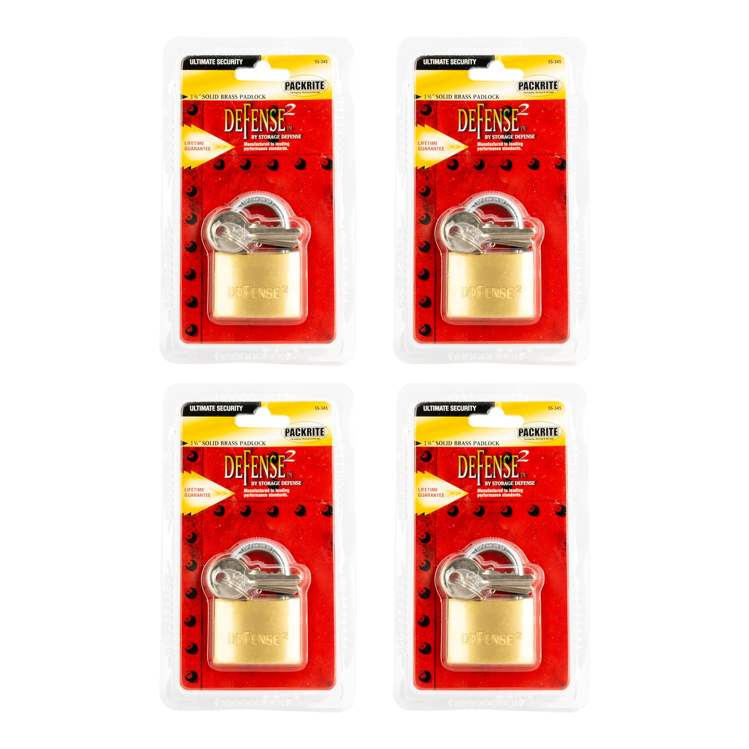 Defense2 Solid Brass Outdoor Padlock with Key, 1 3/4 Inch, Pick Resistant Hardened Steel Shackle, Weather Proof Lock with Key, Includes 2 Keys, 4 Pack
