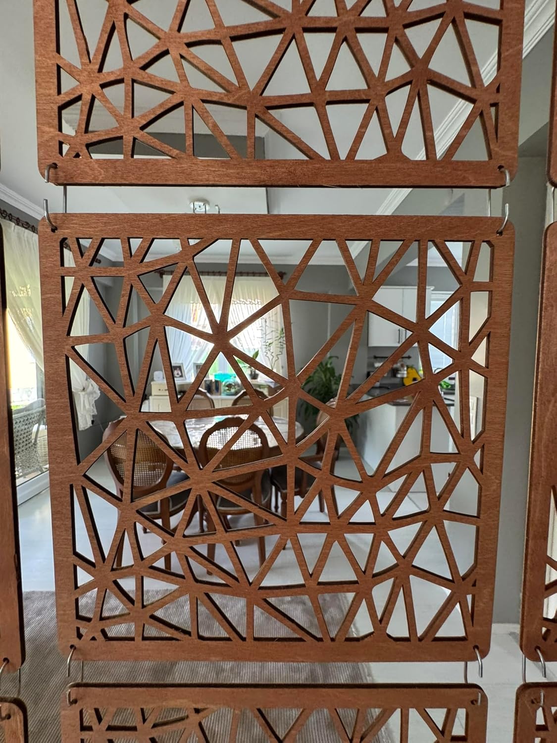 Modern Teak Wooden Hanging Room Divider Panels – CNC Cut Birch Plywood Privacy Screen, 12 Panel Decorative Hanging Partition with Premium Painted Finish for Home & Office