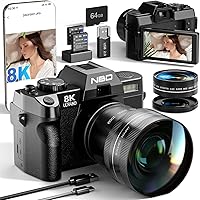 NBD 8K 64MP Digital Camera for Photography & Vlogging: 16X Zoom, Autofocus, 180° Flip Screen, 2 Batteries, 64GB Card, Macro Lens (Black)