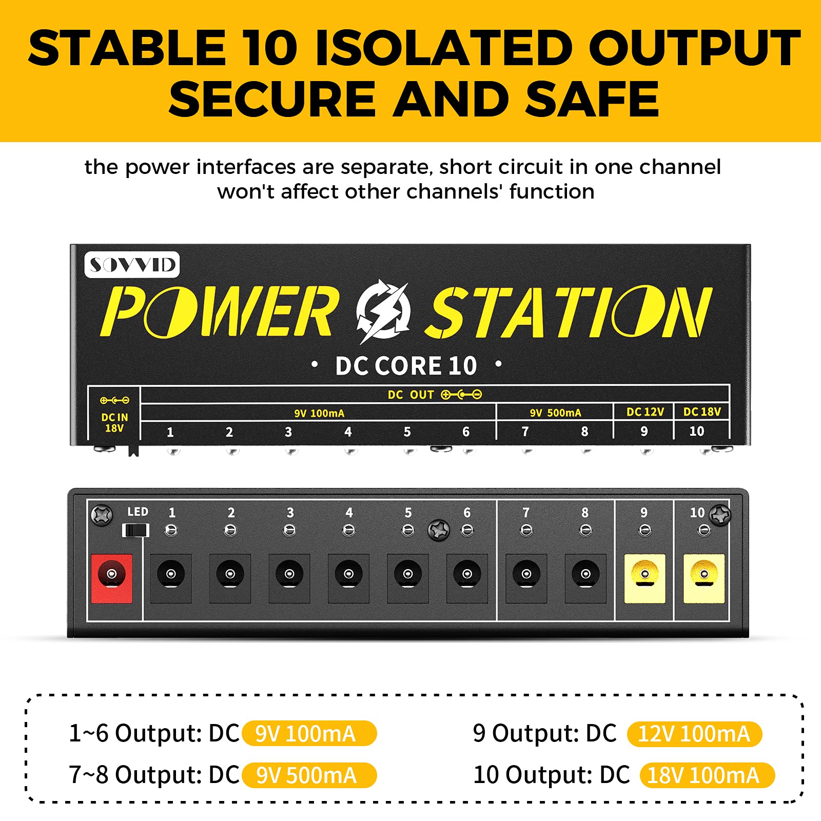 Buy Sovvid Guitar Pedal Power Supply 10 Isolated DC Output for 9V/12V