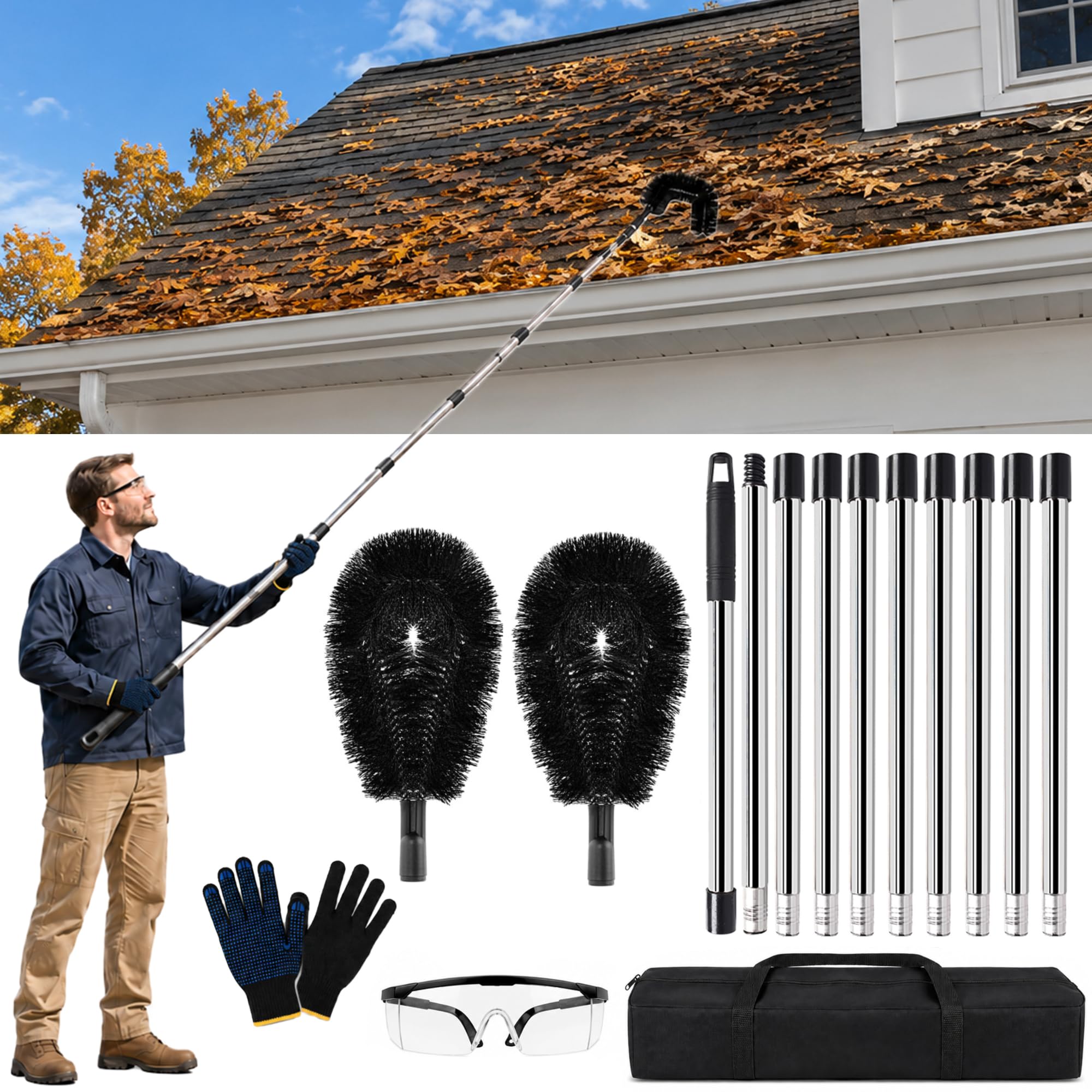 Nettoyer les gouttières sans échelle grâce au kit 3 m à brosse longue portée noir