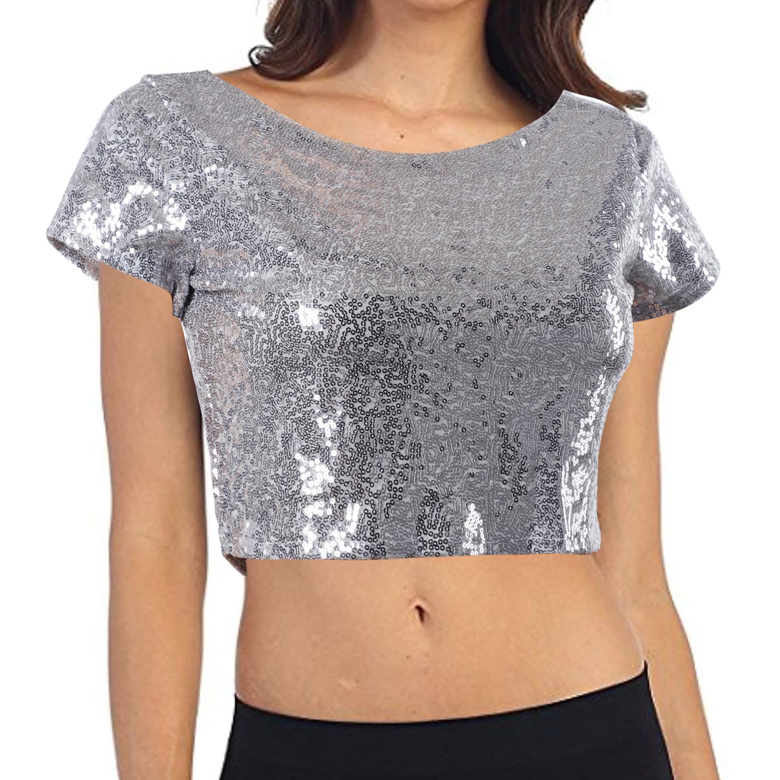 Mayoii Sparkly Tops for Women UK – Sequin Top Short Sleeve Backless Crop Party Shirt, Glitter Clubwear for Nightclub, Disco, Rave & Festival (UK, Alpha, XXL, Regular, Regular, Silver)