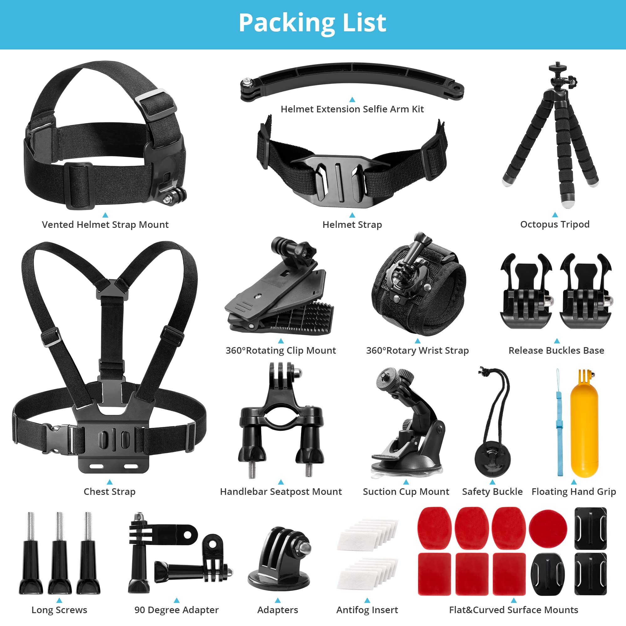 AKASO Caméra Sport 14 Accessoires en 1 Pack pour Gopro Hero AKASO EK7000 Brave 4 V50 Pro EK7000 Pro V50 Elite Dragon Touch Vision3 Vision4 CAMPARK Vemont APEMAN VicTsizing WIMIUS