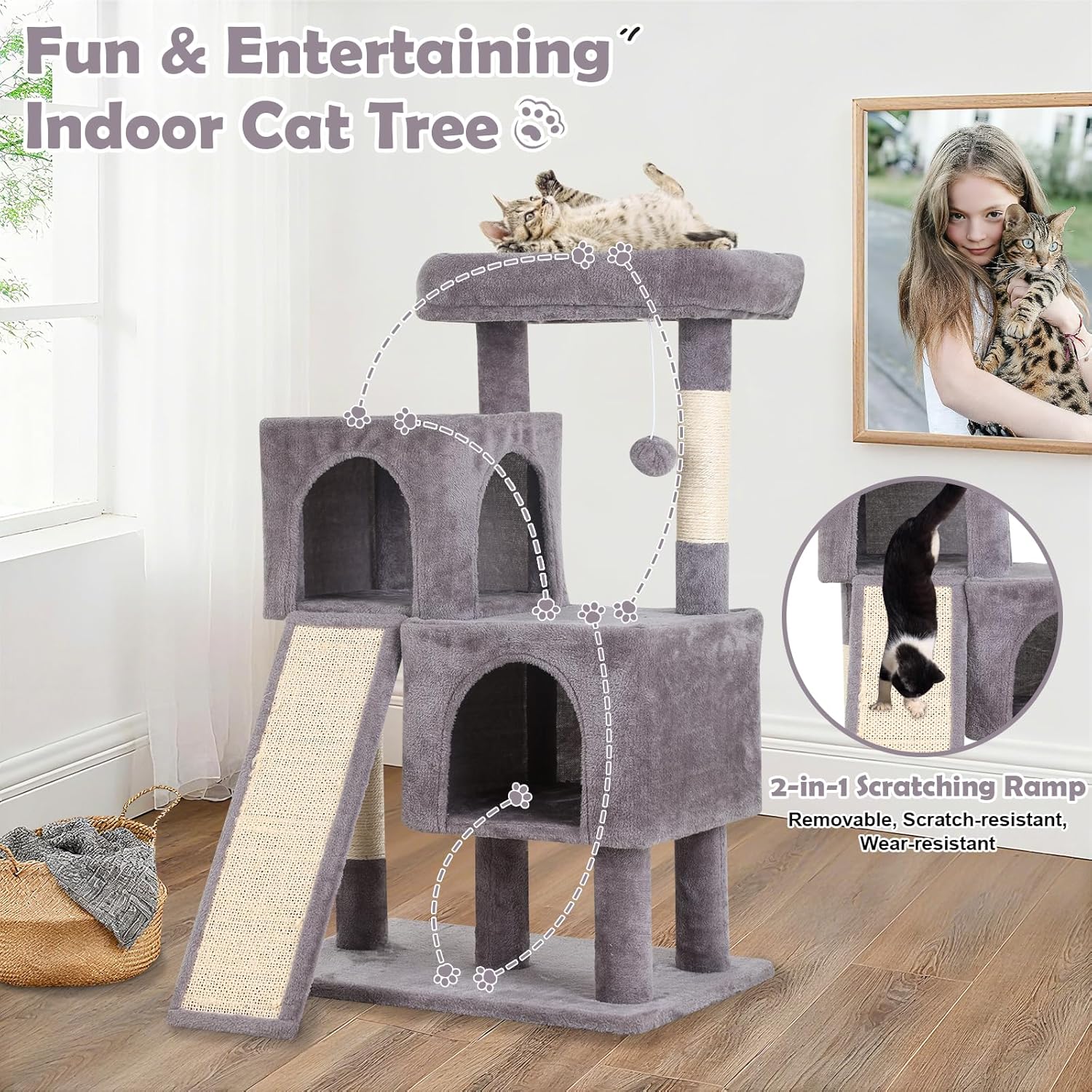 36 Inches Cat Tree for Indoor Cats, Multi-Level Cat Tower with Scratching Posts, Ramp, Plush Perch & 2 Condos, Stable for Multiple Cats Kittens House & Small Room(Ashy)