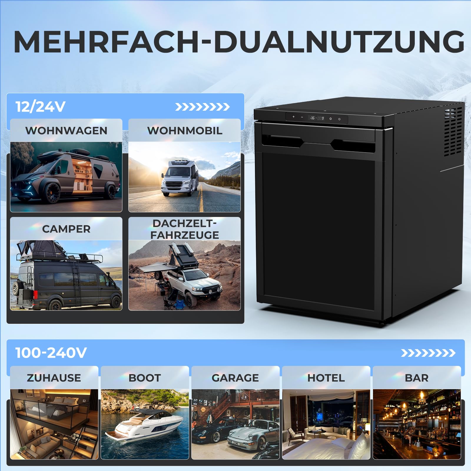 Mini Kühlschrank, 50L Kühlschrank klein, 12V/24V 230V Kleiner Kompressor Kühlbox mit umkehrbarer Tür, Ultra-Leise, LED & App Steuerung, Energieeffizienter Kompaktkühlschrank für Auto, Boot, Wohnmobil