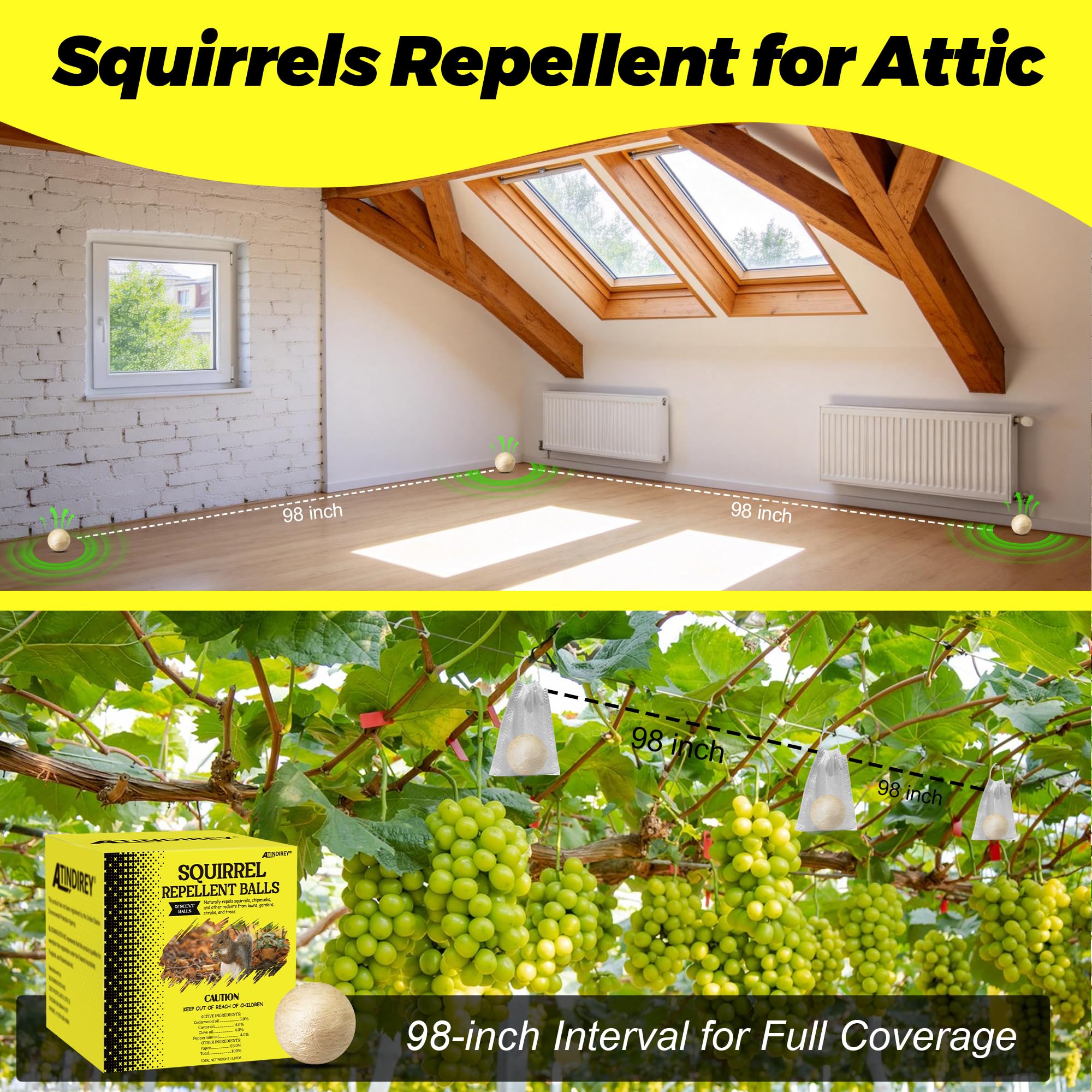Palline repellenti per scoiattoli e scoiattoli, deterrente per scoiattoli, per uso esterno e interno, soffitta, giardino, auto, mangiatoie per uccelli, sicuro per animali domestici e bambini, dura 30