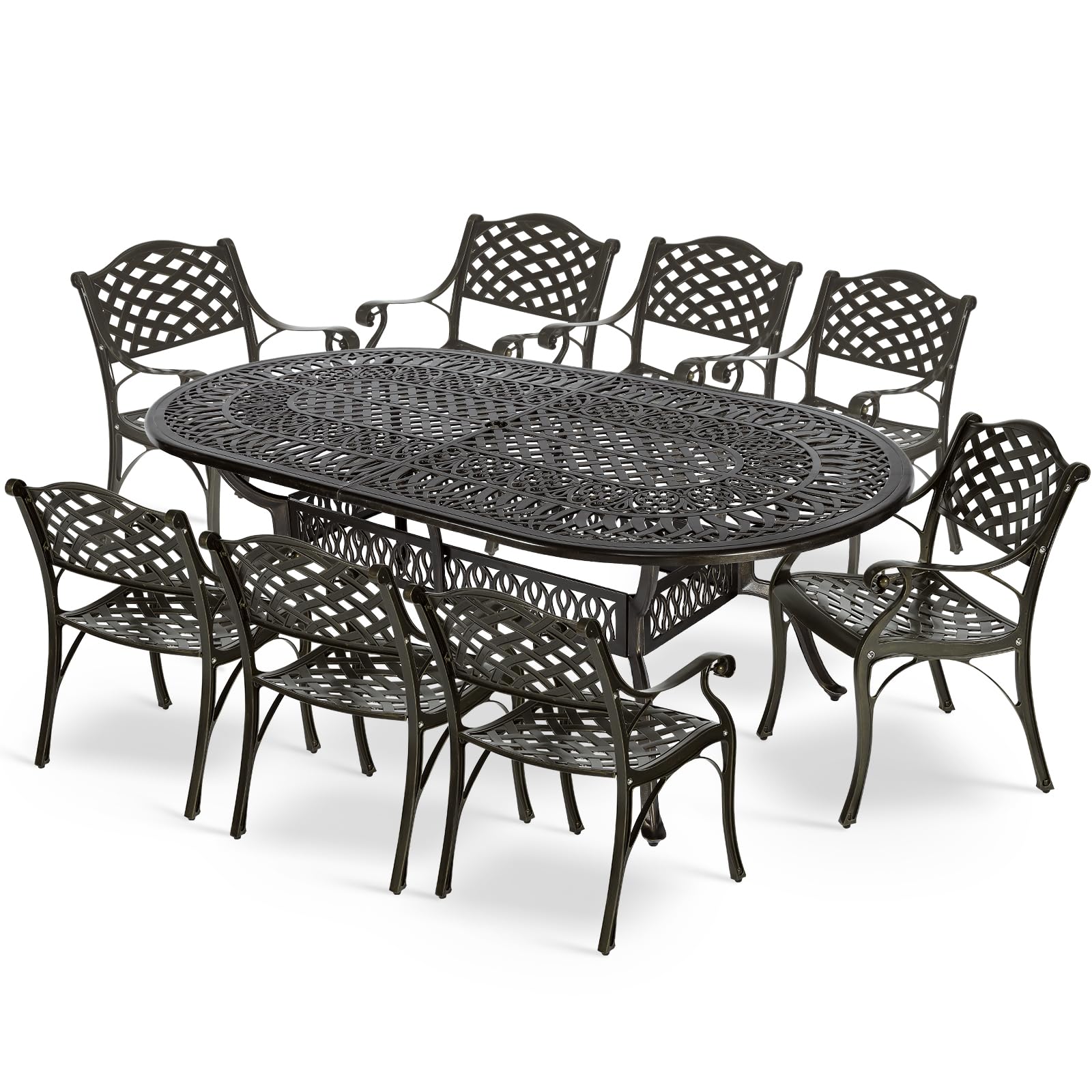 MEETWARM 9-Piece Outdoor Patio Dining Set, 8 Outdoor Dining Chairs and 1 Oval Table with 2" Umbrella Hole, All Weather Cast Aluminum Patio Funiture