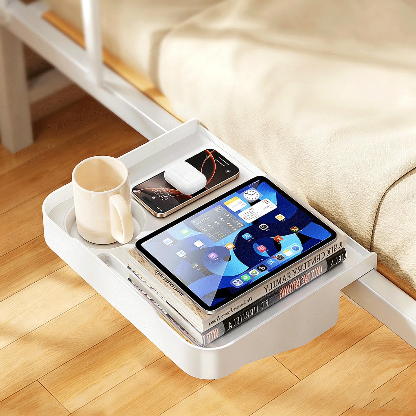 Blissfuhue Bedside Caddy for Dorm Bed - Clip On Nightstand with Cup Holder Floating Bed Side Table Tray
