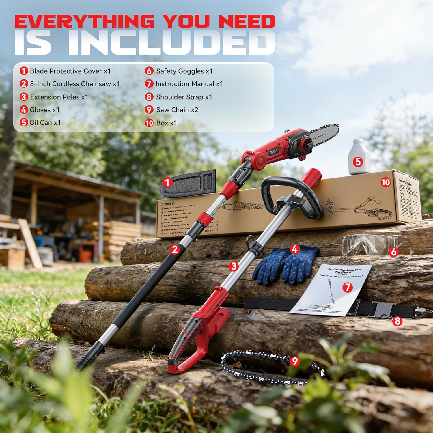 Electric Pole Saw Compatible with Milwaukee 18V, 8 Inch Tree Trimmer Cutter, 16FT Max Total Reach, Cordless Chainsaw, 26ft/s Cutting Speed Pruner for Tree Trimming, Branch Pruning (Tool Only)