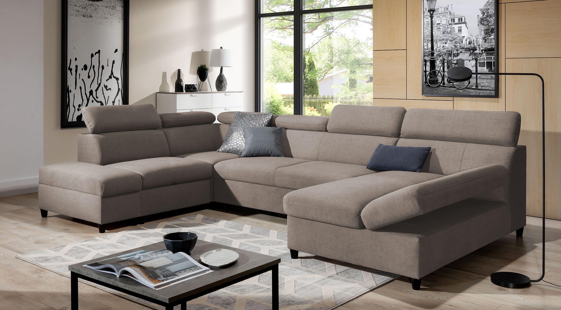 AXLIVING Canapé en U Marron avec Fonction Couchage Olettio 342 cm L