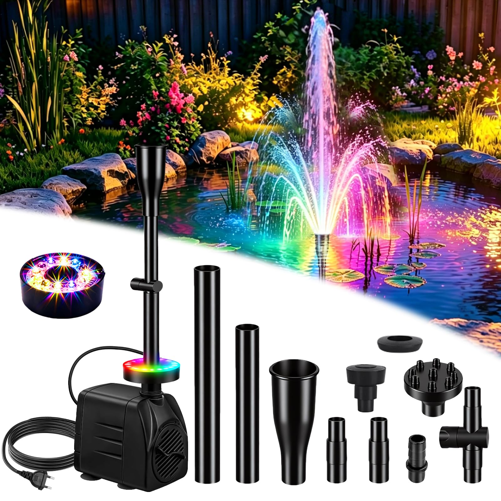Pompa do fontanny zewnętrzna z diodami RGB LED, 750 l/h, 15 W, 220 V, z kablem 3 m, pompa do stawu, do mini stawu, 3 dysze, pompa do akwarium, fontanna ogrodowa, mała pompa do stawu ogrodowego