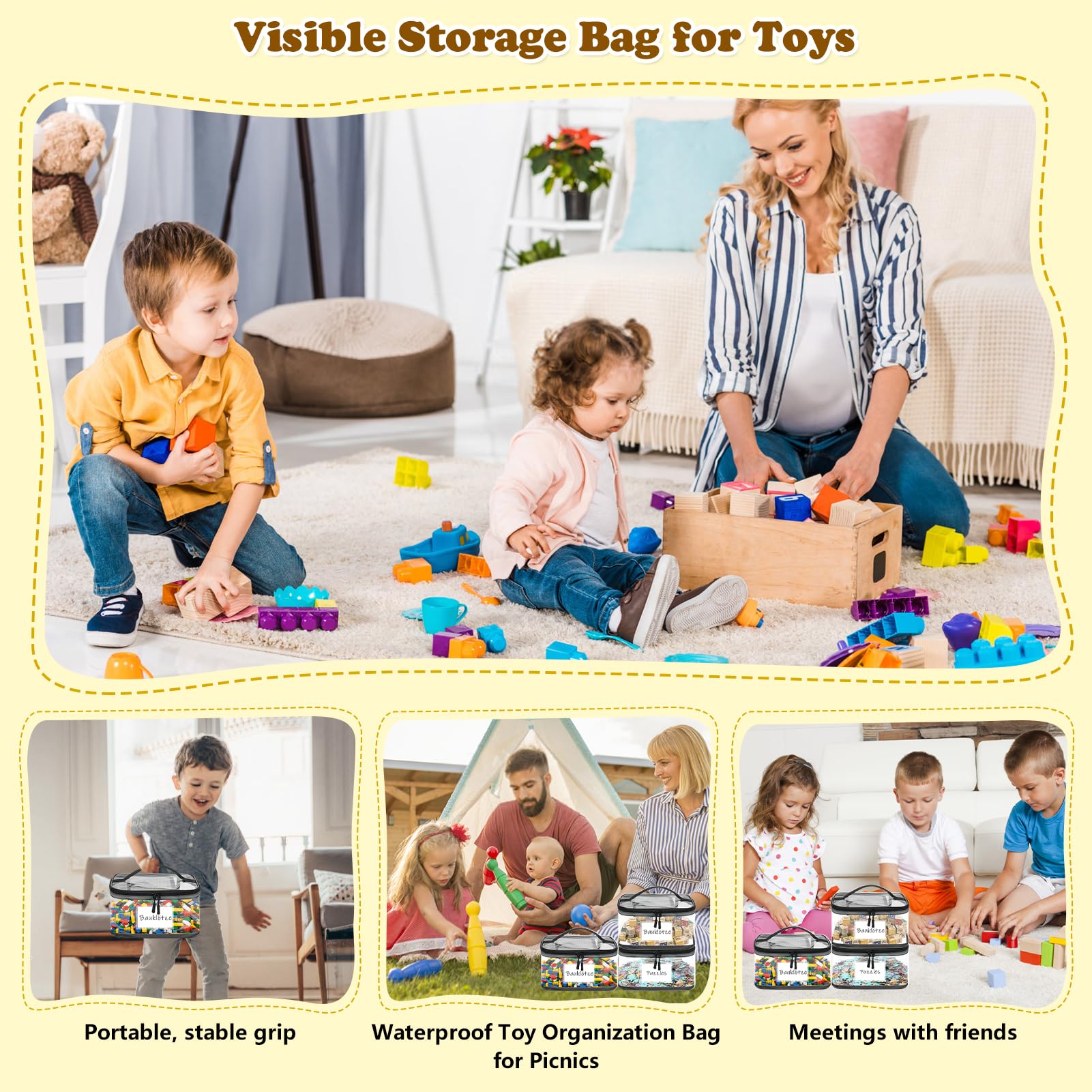 6 Pack Toy Storage Bags with Name Tag, Storage Bags with Zipper, Waterproof Clear PVC Toy Kids Organiser for Building Blocks, Puzzles, Clay, Small Models, Board Games — view 8