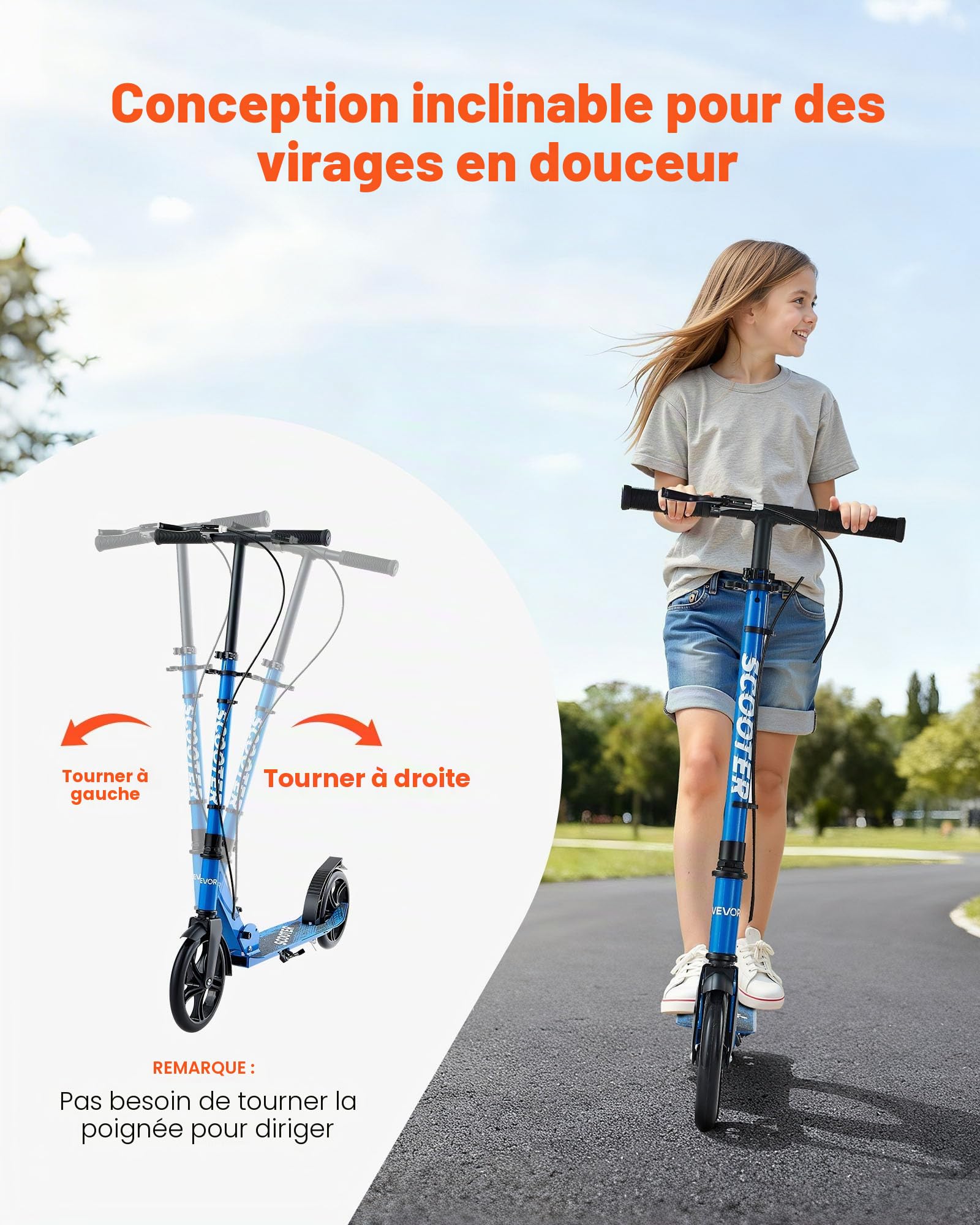 VEVOR Trottinette pour enfants de 8 ans et plus, ados et adultes, patinette à 2 roues, guidon réglable en hauteur, plateau antidérapant, pliable et légère pour garçons et filles à 100 kg, noir et bleu