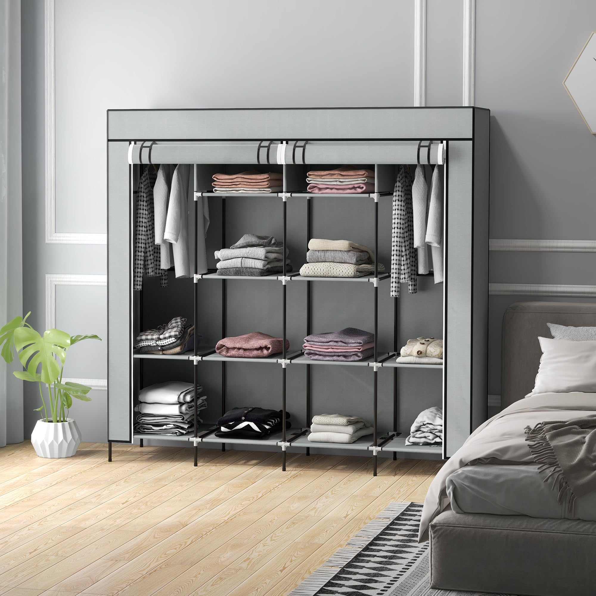 HOMCOM Armadio Portatile in Tessuto non Tessuto e Acciaio, Guardaroba con 10 Ripiani, 4 Cassetti, 2 Barre Appendiabiti e Ante a Cerniera, 166x42.5x169.5cm, Grigio Scuro