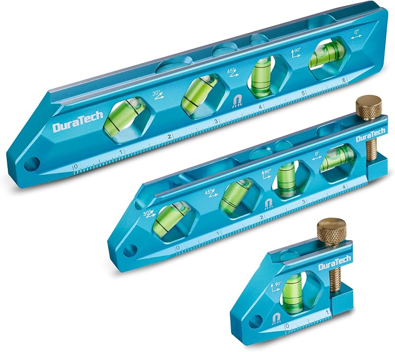Juego de herramientas de nivel de 3 piezas, nivel de torpedo magnético con ranura en V | Nivelador de 2.5", 6.25", 8" con burbujas de 0°/30°/45°/90°, ventana de visualización grande, construcción de aleación de aluminio, escala SAE y métrica