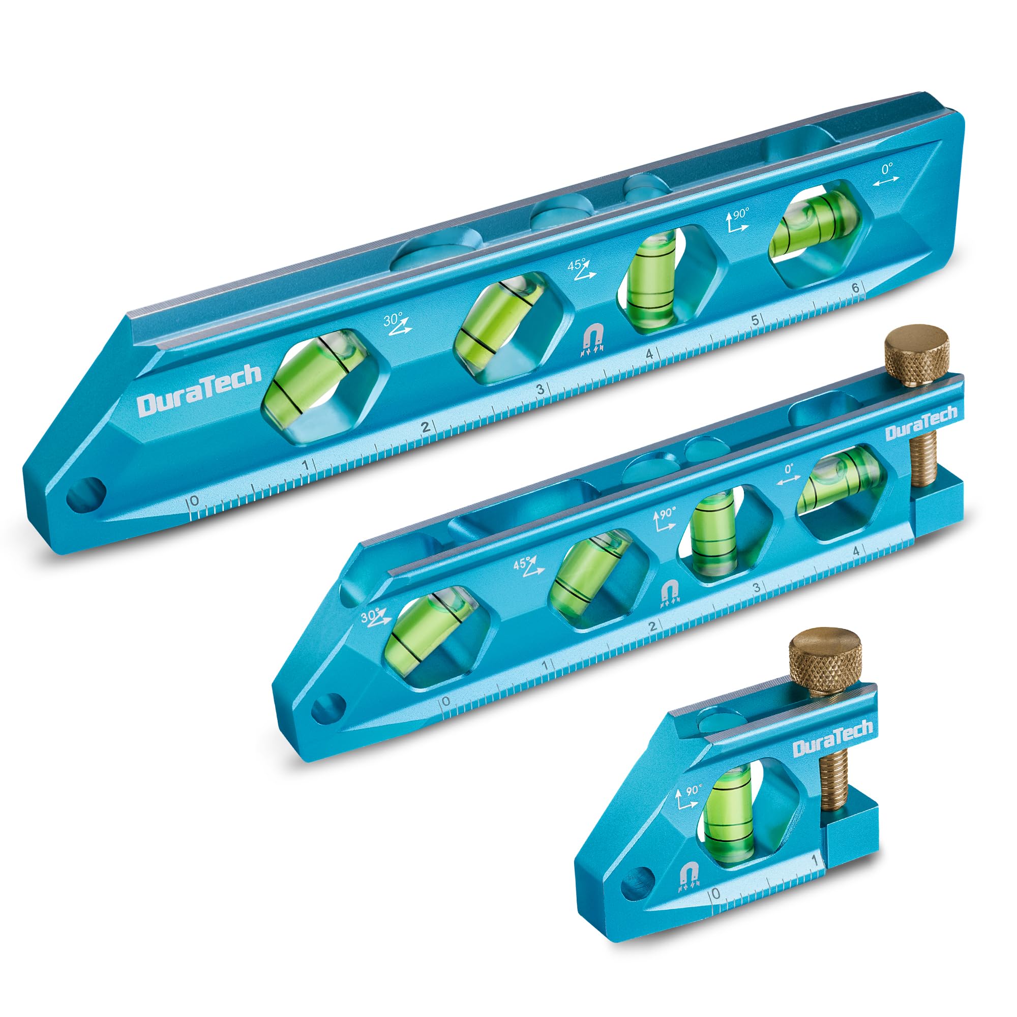 DURATECH 3-Piece Level Tool Set, Magnetic Torpedo Level Included 2.5", 6.25", 8" Leveler with 0°/30°/45°/90° Bubbles, V-Groove, Large Viewing Window, Aluminium Alloy Construction, SAE and Metric Scale