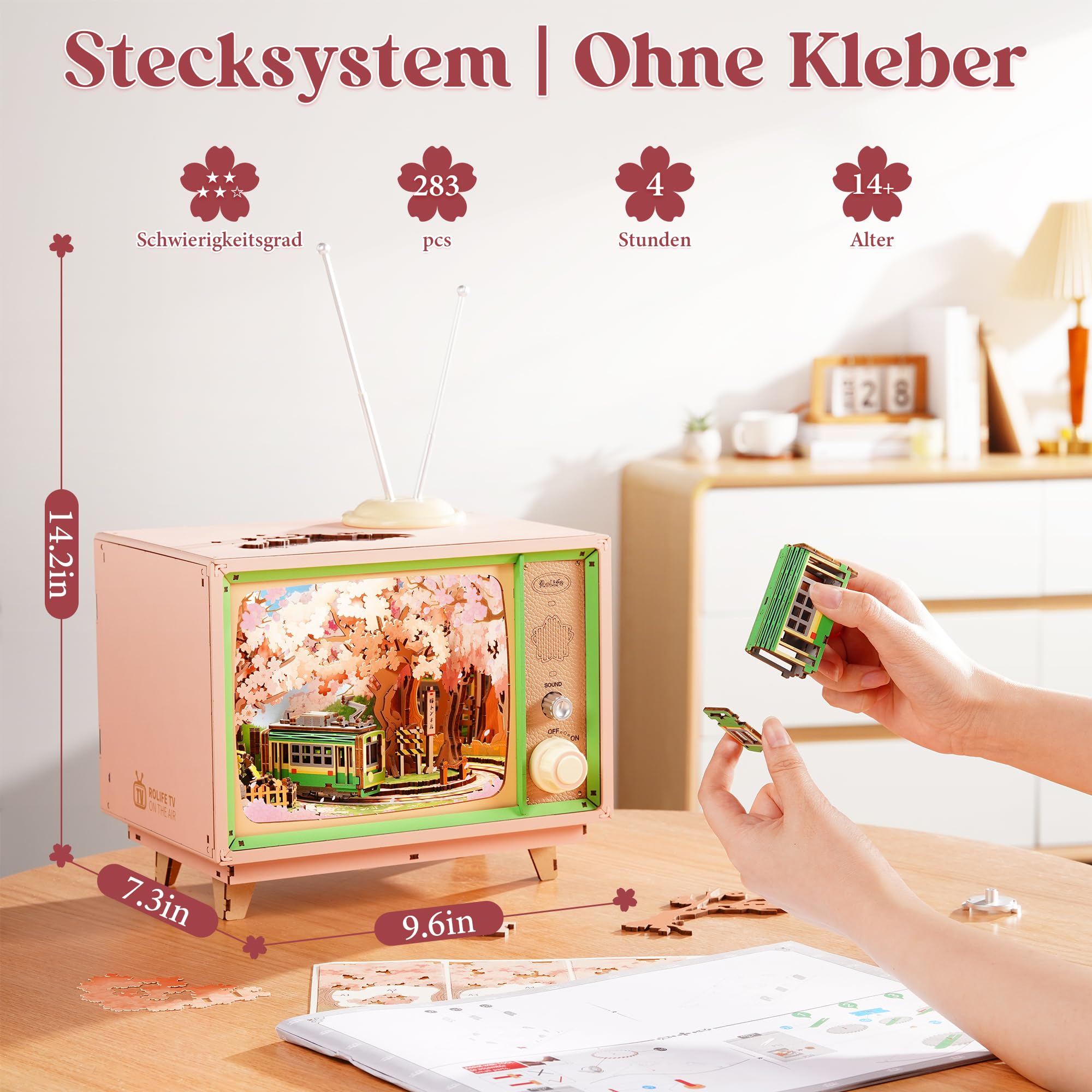 Rolife 3D Puzzle Anime Sakura Tram TV-Deko, 283-teiliges Holzbausatz für Erwachsene – Modellbausatz mit beweglichem Tram & LED, Cherry Blossom Szene, Geschenk für Woodcraft & Home-Deko
