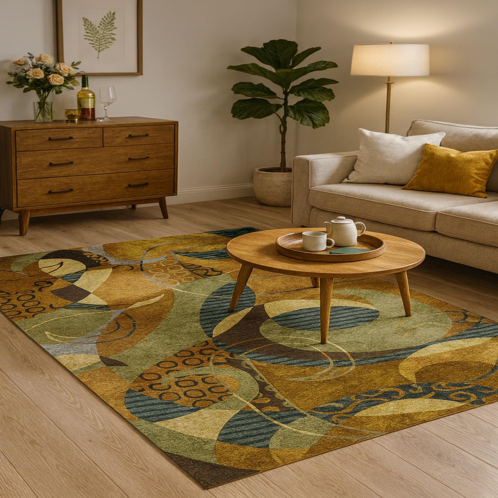 Tapis antidérapant de salon abstrait aux finitions soignées beige et camel