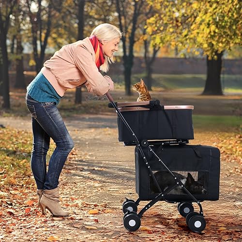 Miniatura 7 de Cochecito doble para mascotas para perros pequeños y medianos Cochecito para perros 4 en 1 para 2 mascotas, desmontable y plegable con ruedas