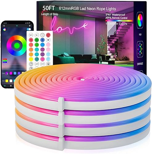 Cuerda de luces de neón, tira LED RGB de 50 pies, impermeable IP67, diseño de bricolaje, sincronización de música, control remoto de 44 teclas,