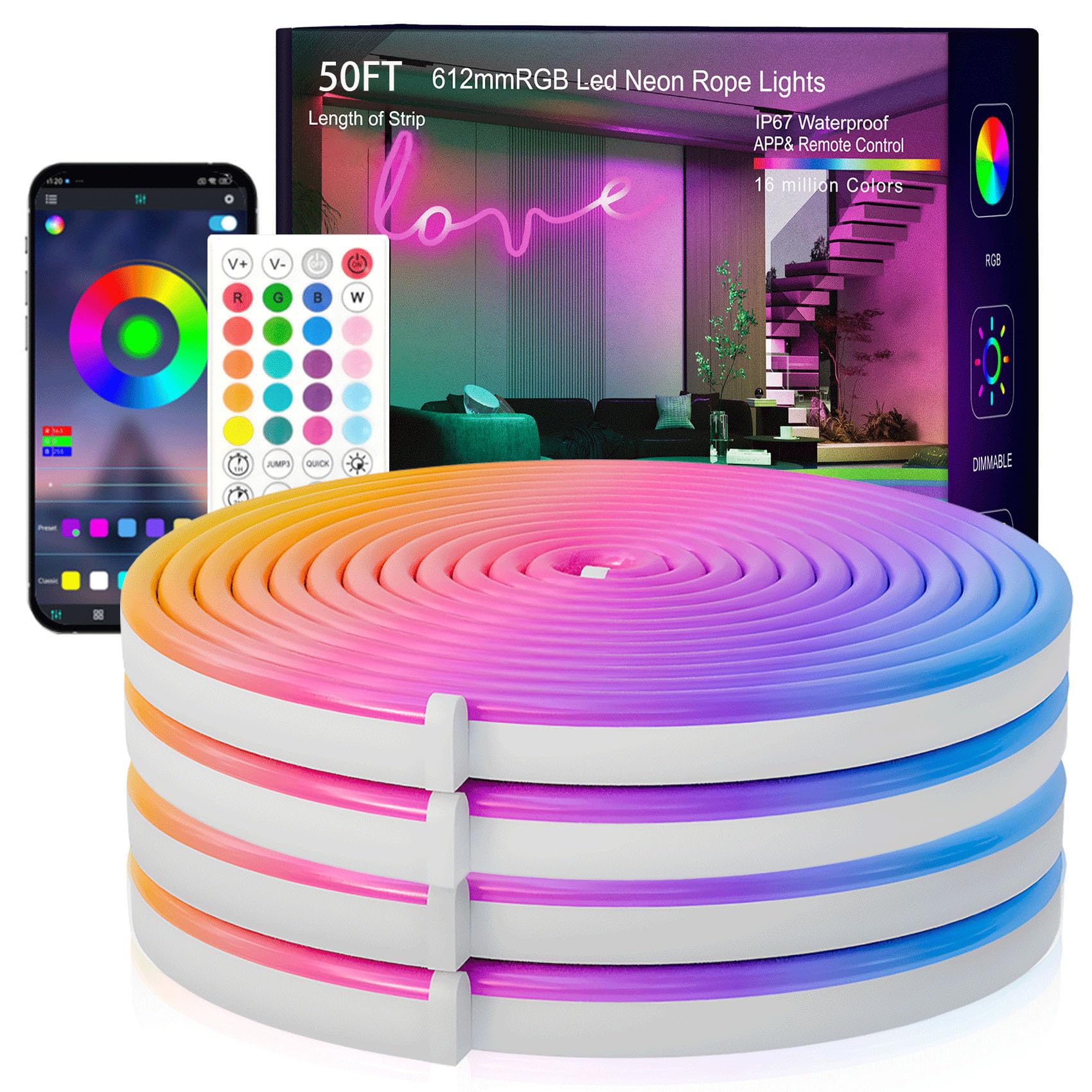 Neon Rope Lights, 50FT RGB Led Strip, Waterproof IP67, DIY Design, Music Sync, 44 Keys Remote Control, Multiple Modes, for Living Room, Bedroom, Holiday Decoration