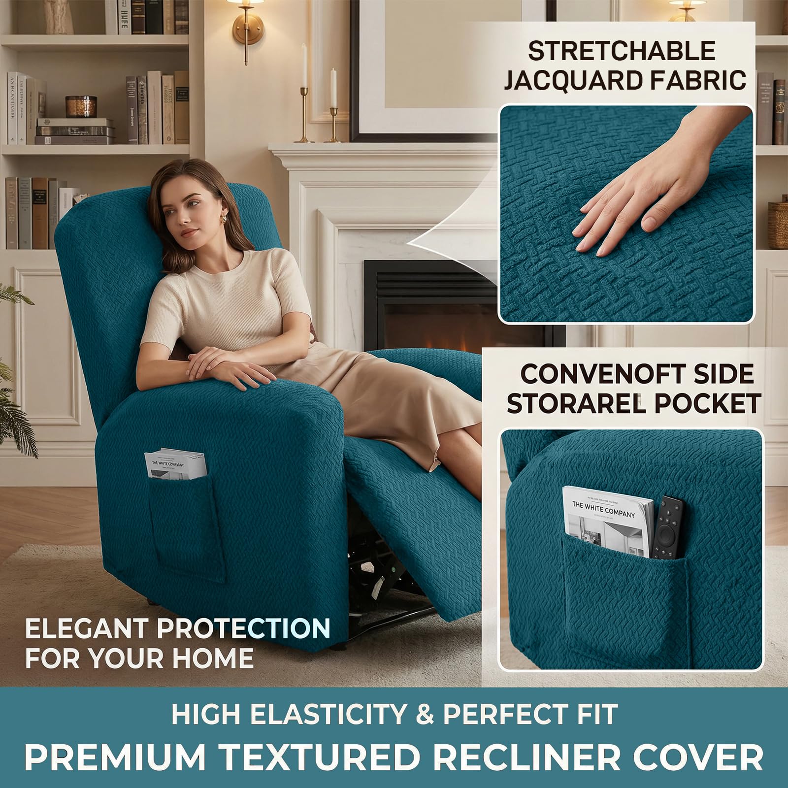 MeYuxg Set di 4 Copri Poltrona Relax Reclinabile, 1 Posto Elasticizzato con Tasche e Braccioli, Utte le Inclusive Strisce Jacquard, Lavabile (Verde)