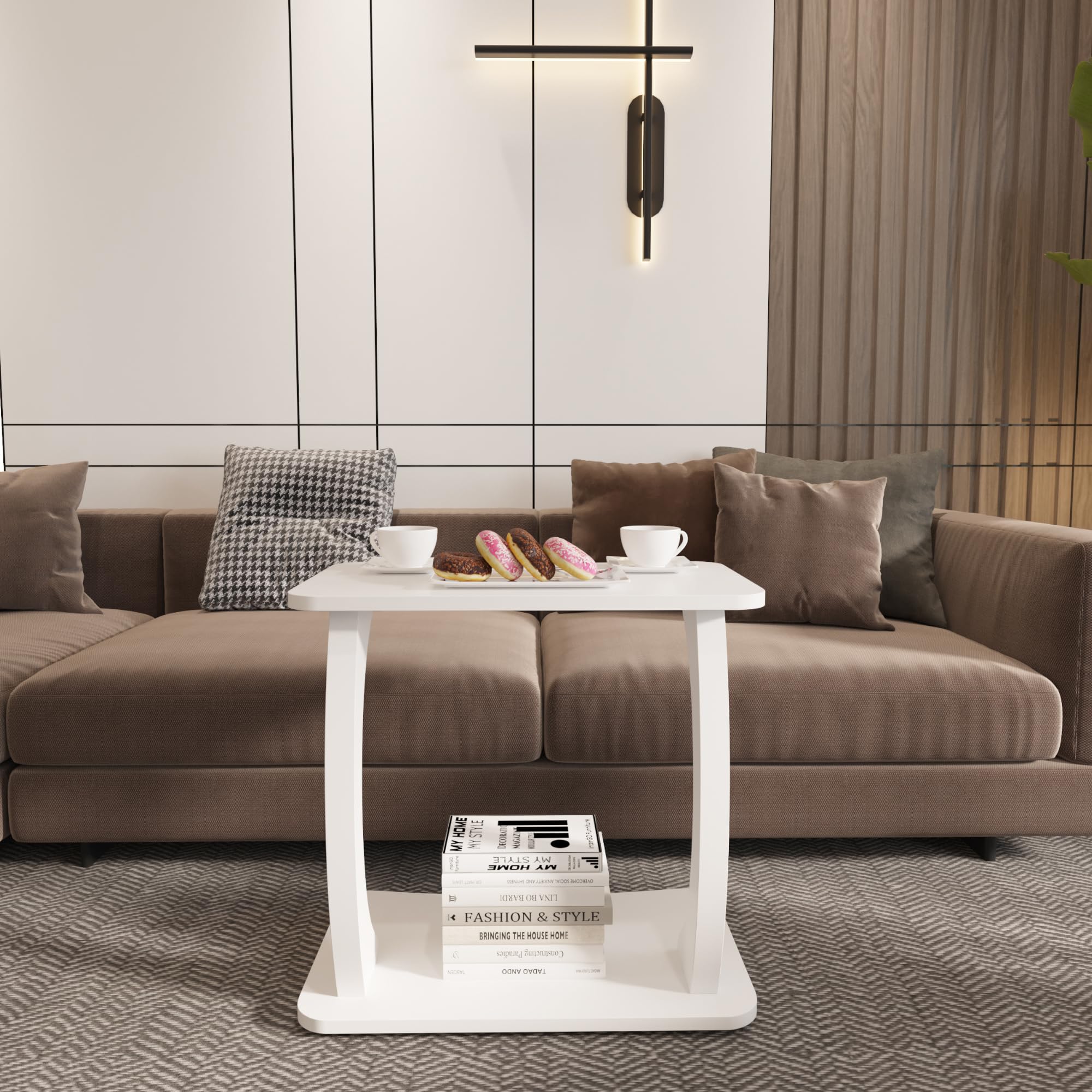 [en.casa] Stolik pomocniczy Stattela stolik kawowy w kształcie litery C, stolik nocny 59 x 35 x 56 cm, stolik do salonu, stolik pod łóżko z 4 kółkami, prostokątny, biały