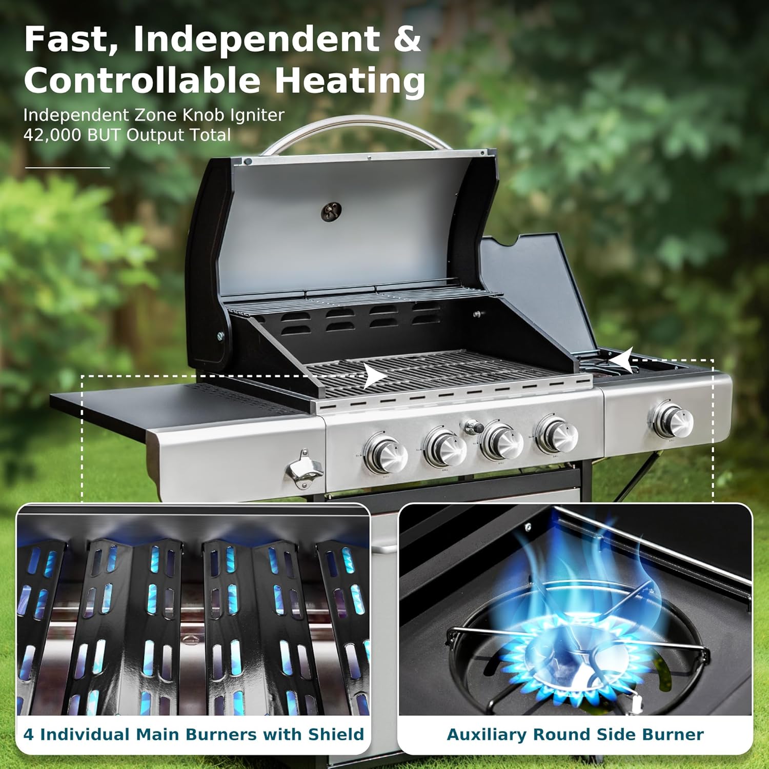Stainless Steel 4-Burner Propane Gas Grill with Side Burner