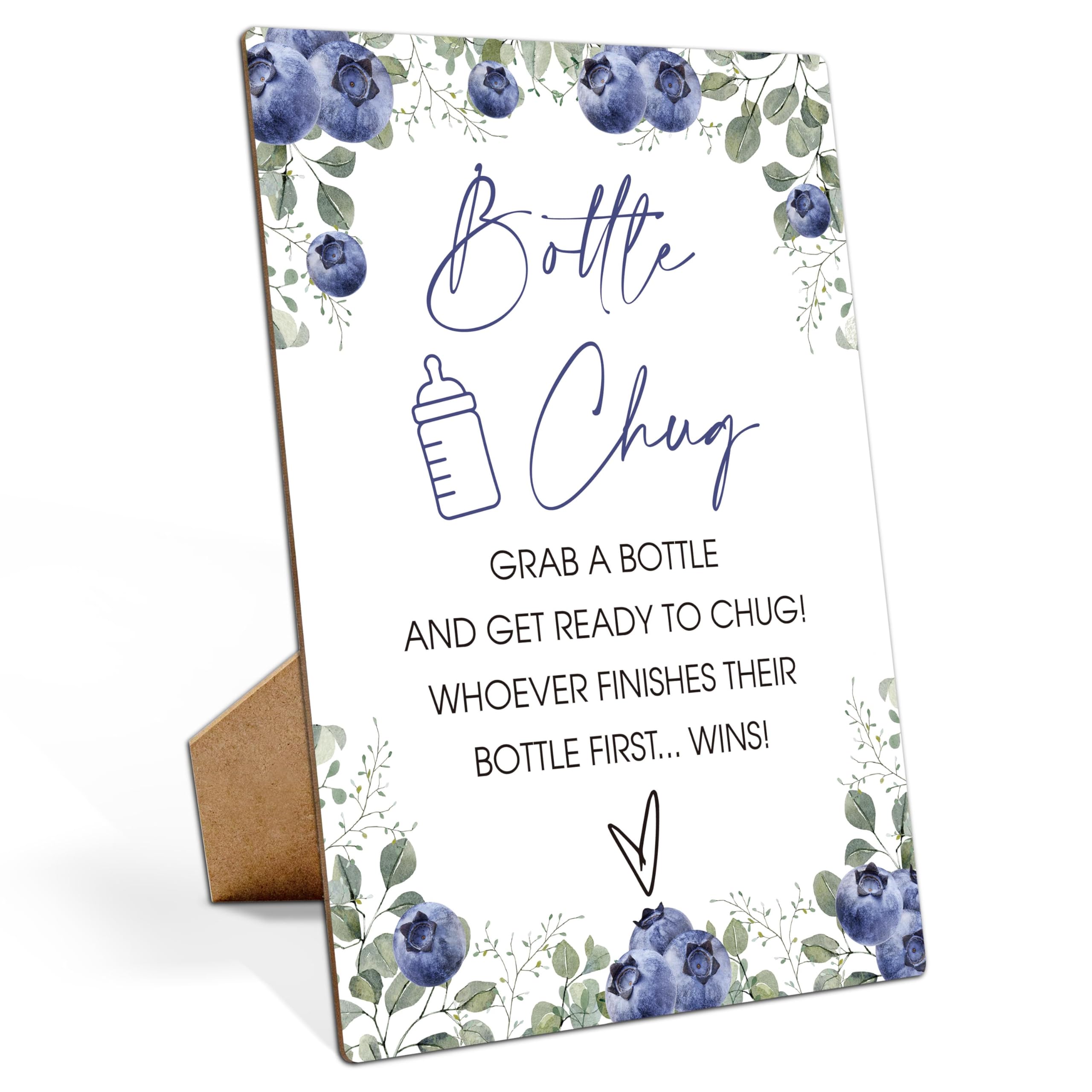 Muruseni Baby Shower Games Bottle Chug Sign - 8x11 Inches, Blueberries Wooden Sign - Baby Gift, Gender Neutral, Modern, Multicolor, Plant Theme