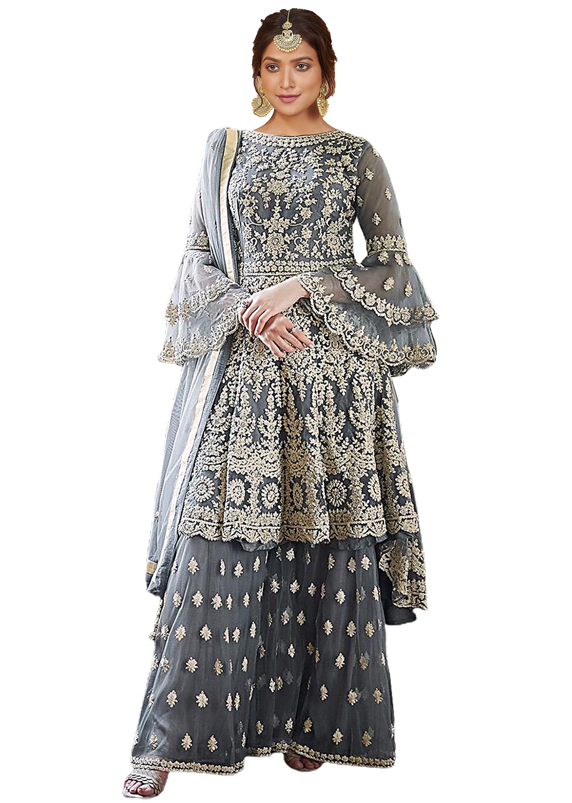 Miss Ethnik Women's Beige Net Semi Stitched Top With Stitched Net Bottom and Net Dupatta Embroidered Flared Top Dress Material (Kurta Palazzo Set) (D-1027)_Free Size